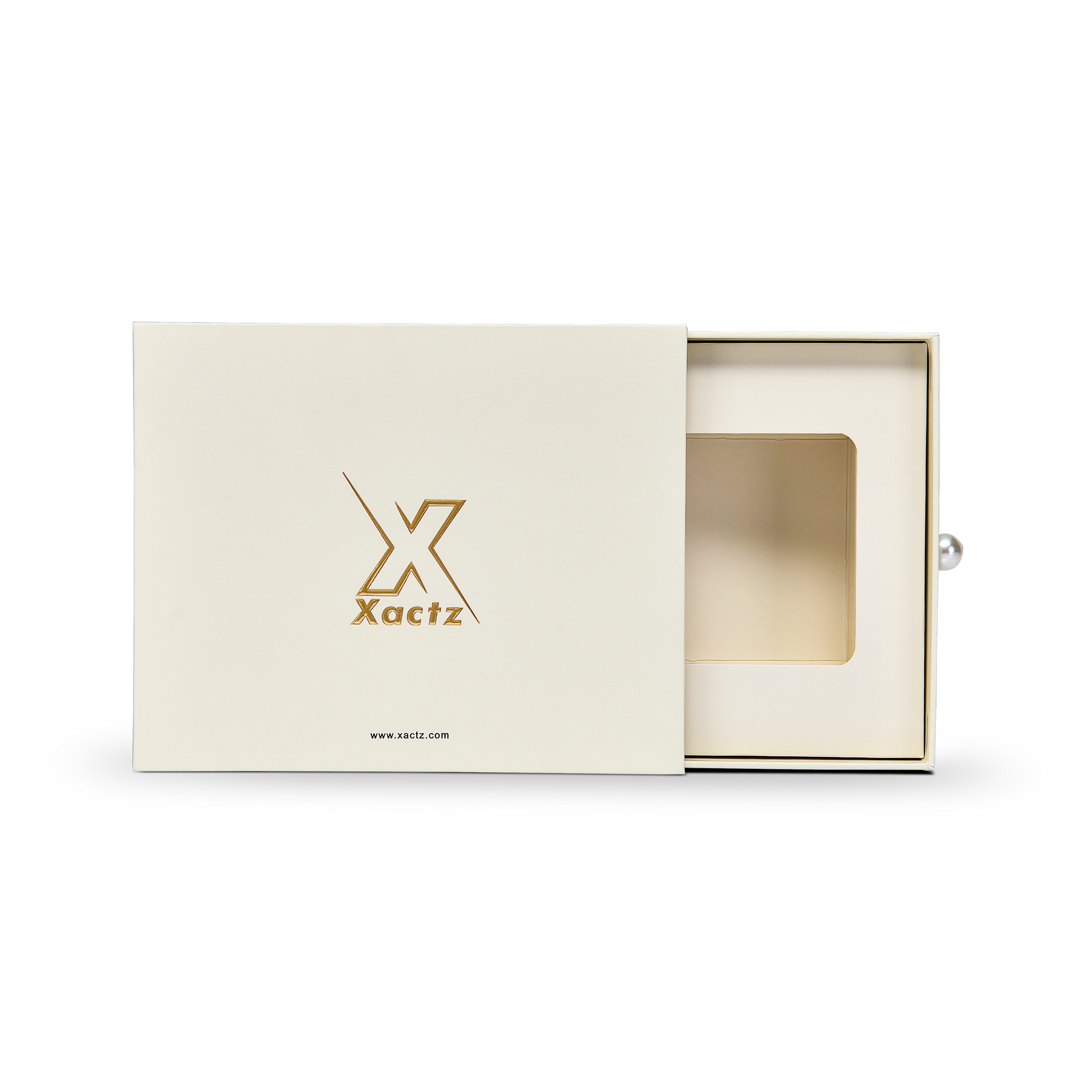 Premium Cream Drawer-Style Luxury Gift Box with Embossed Matte Gold Foil and Metal Pearl Handle