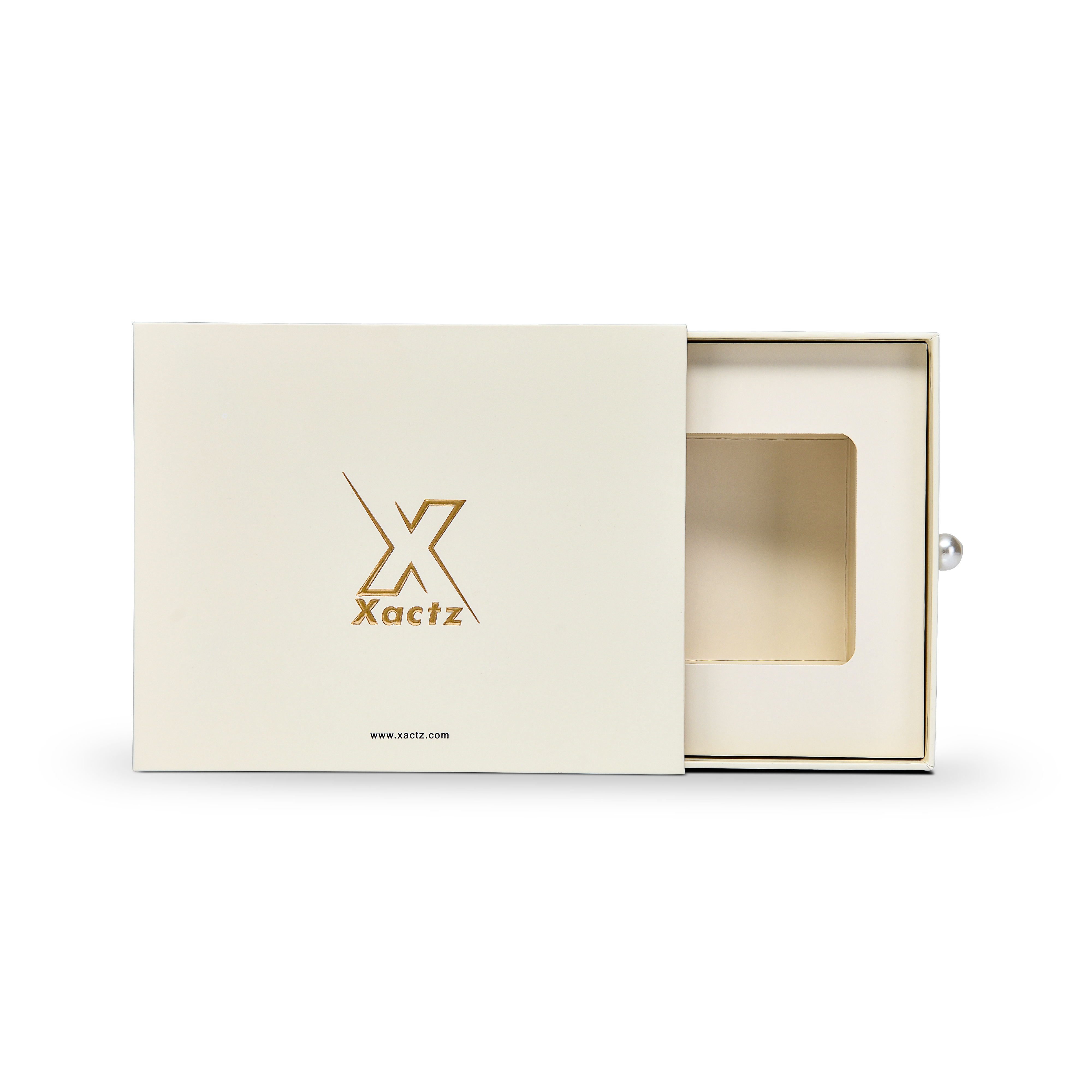 Luxuriöse maßgeschneiderte cremefarbene Schubladenbox mit matter goldener Folie und Perlengriff