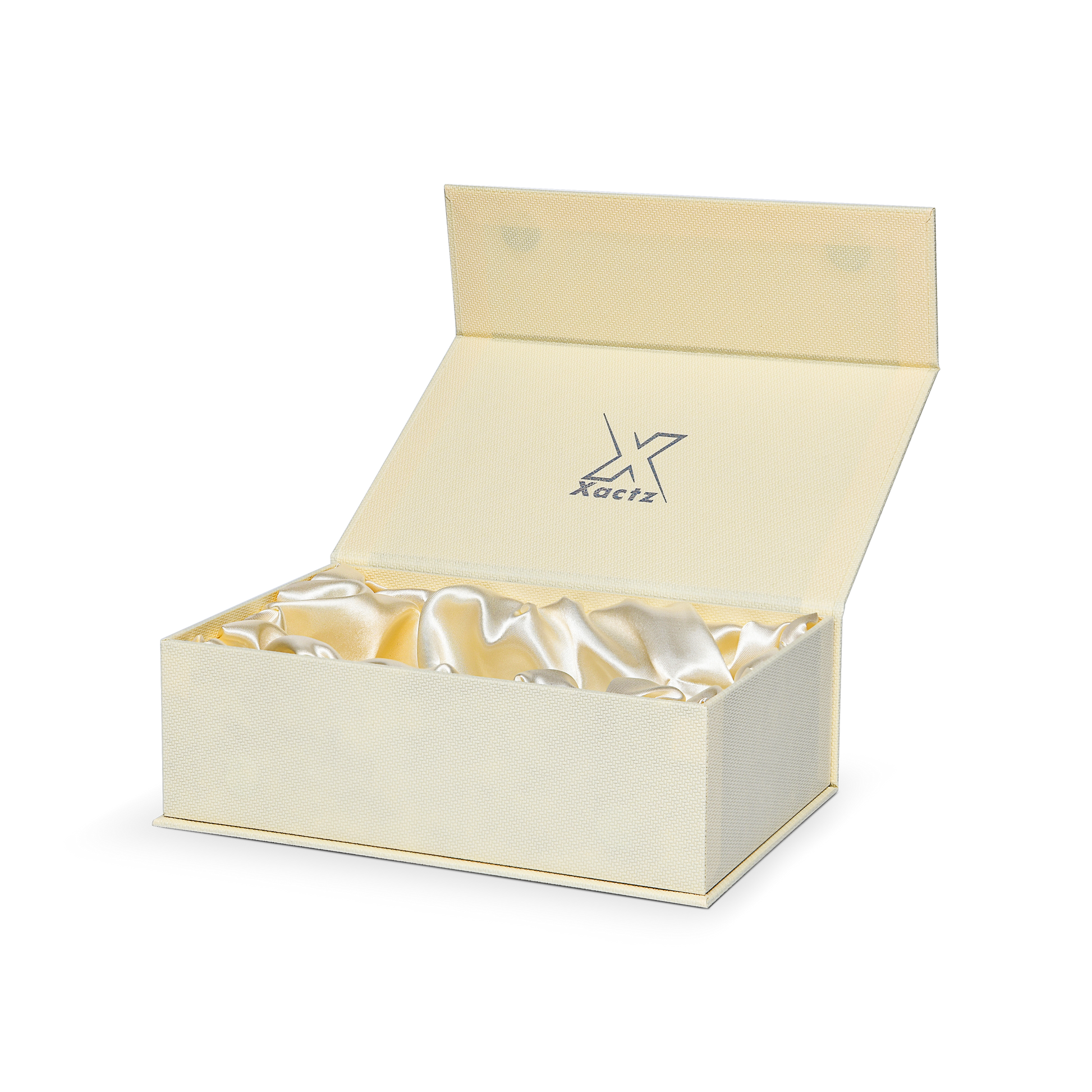 Premium Cream Textured Embossed Colorful Silver Foil Book-Style Luxury Gift Box with Satin Lining