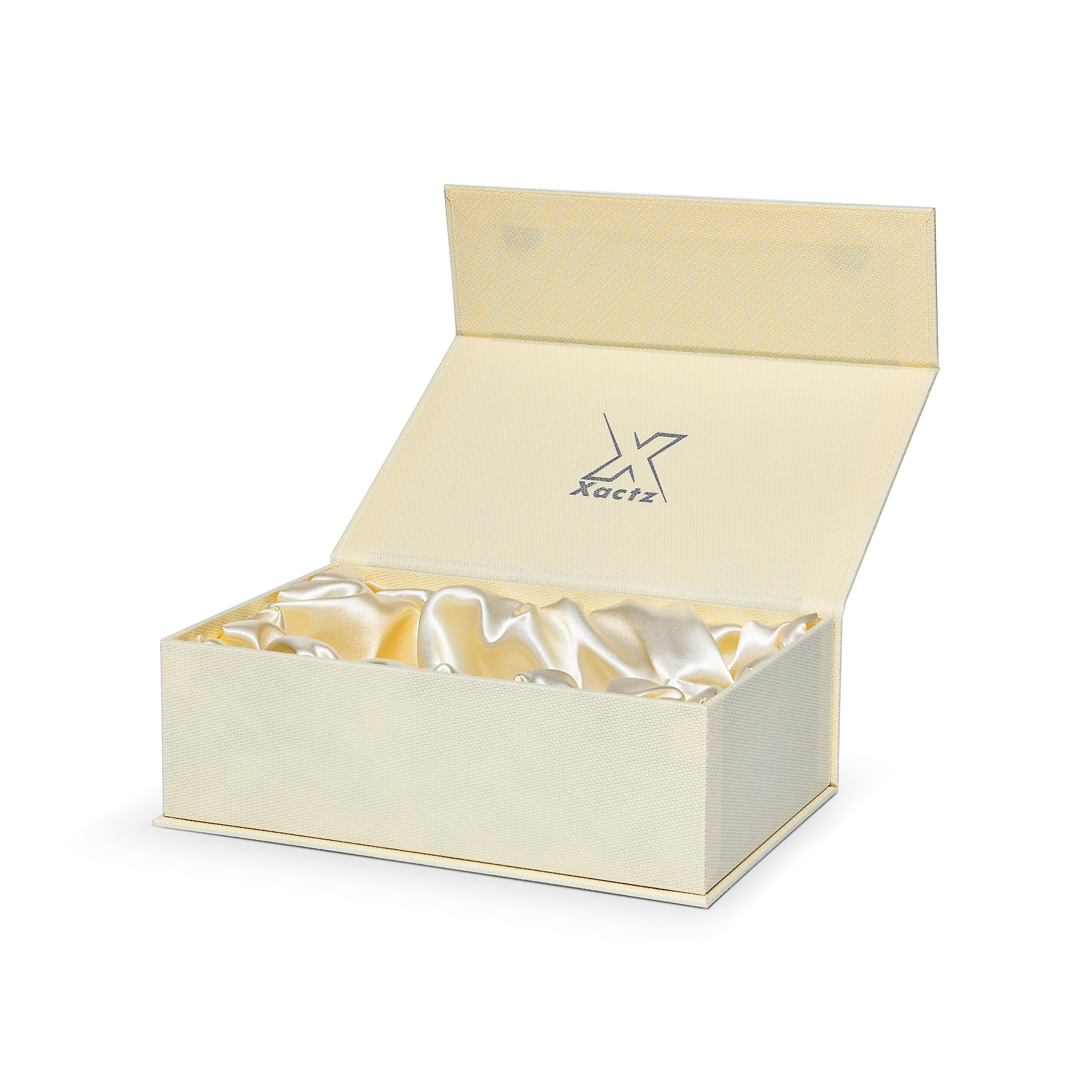 Luxuriöse maßgeschneiderte Buchstilbox mit bunten silbernen Folien und Satin-Innenfutter