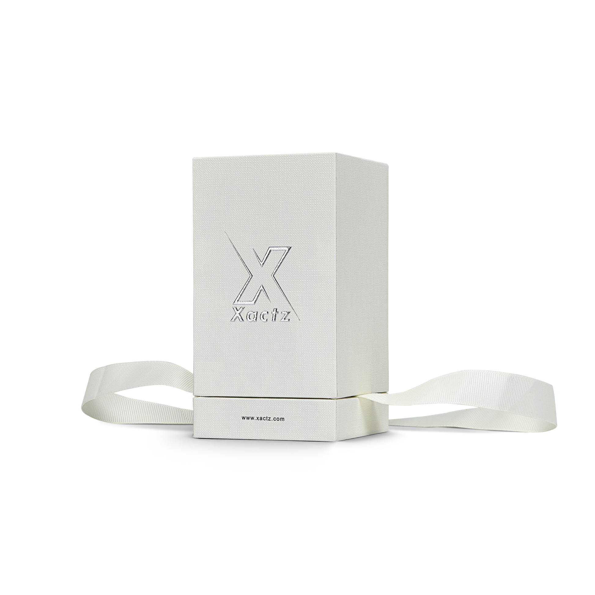 Premium Cream White Bright Silver Embossed Hot Stamped Extra Tall Rigid Gift Box with Ribbon Closure