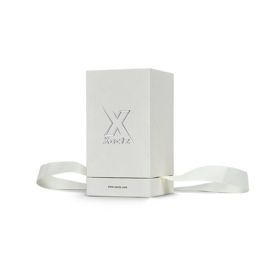 Premium Cream White Bright Silver Embossed Hot Stamped Extra Tall Rigid Gift Box with Ribbon Closure