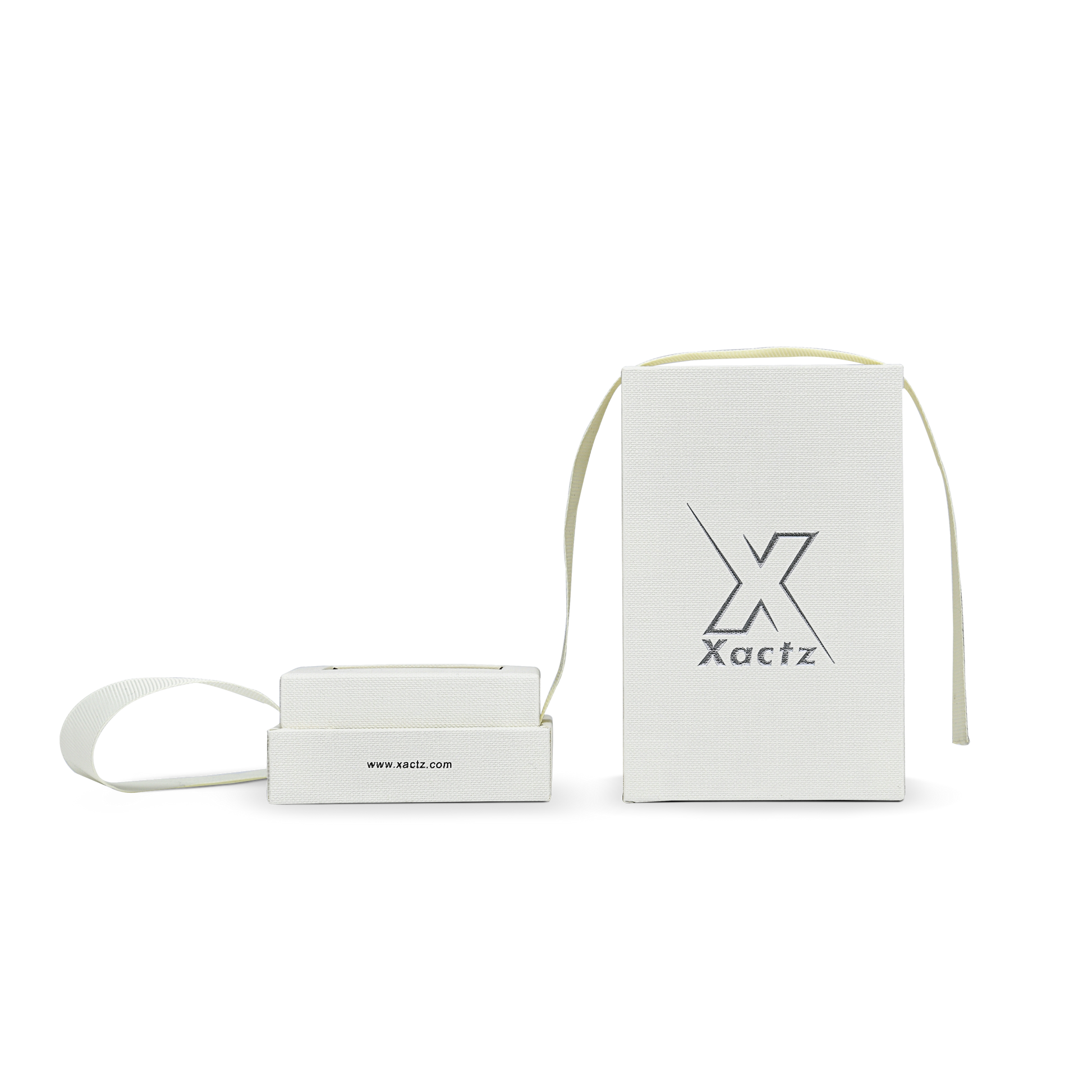 Premium Cream White Bright Silver Embossed Hot Stamped Extra Tall Rigid Gift Box with Ribbon Closure