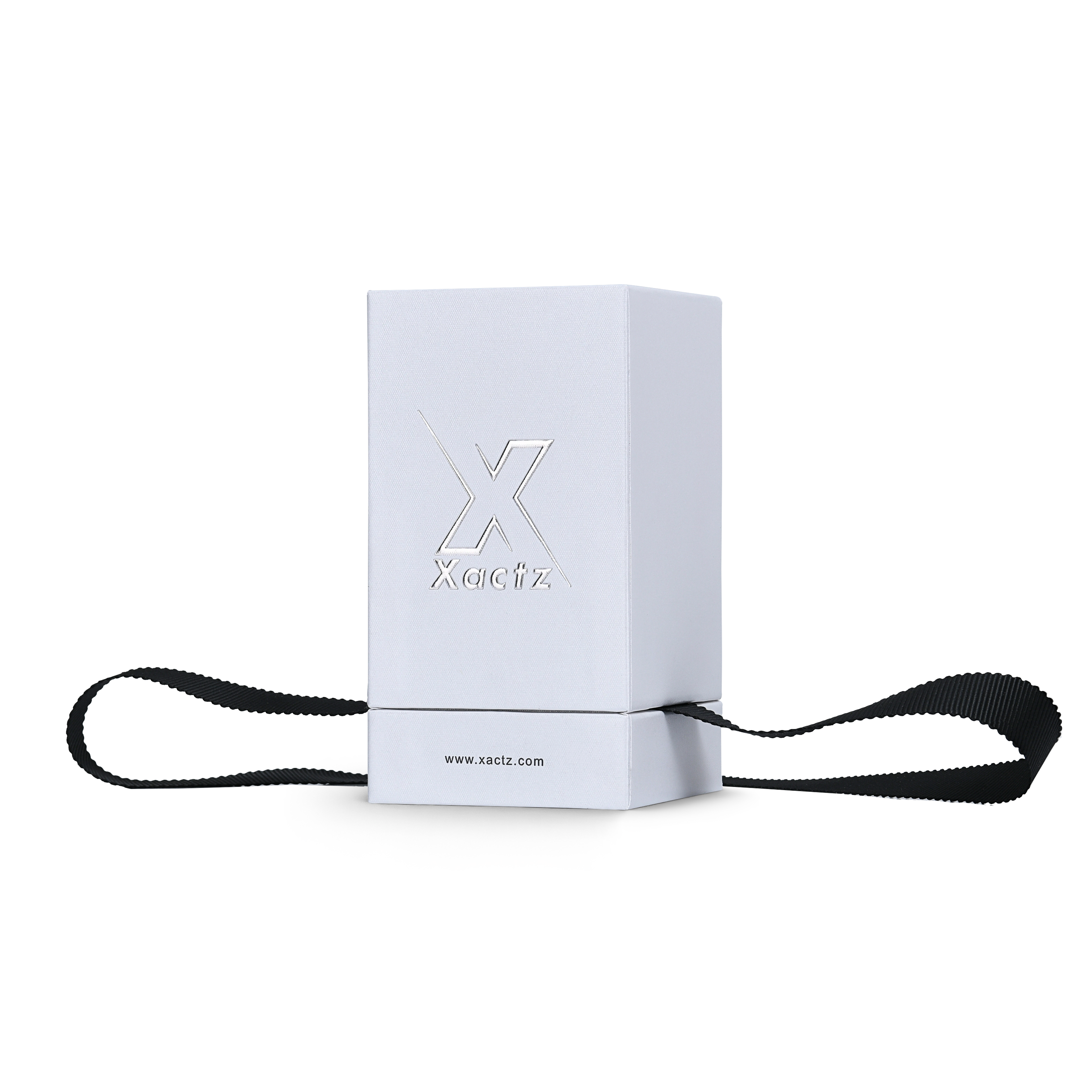 Premium Crystal White Textured Bright Silver Embossed Hot Stamped Extra Tall Rigid Gift Box with Ribbon Closure