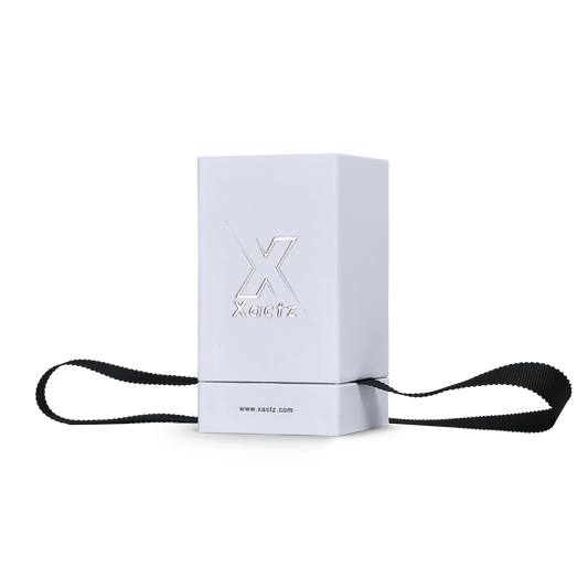 Premium Crystal White Textured Bright Silver Embossed Hot Stamped Extra Tall Rigid Gift Box with Ribbon Closure