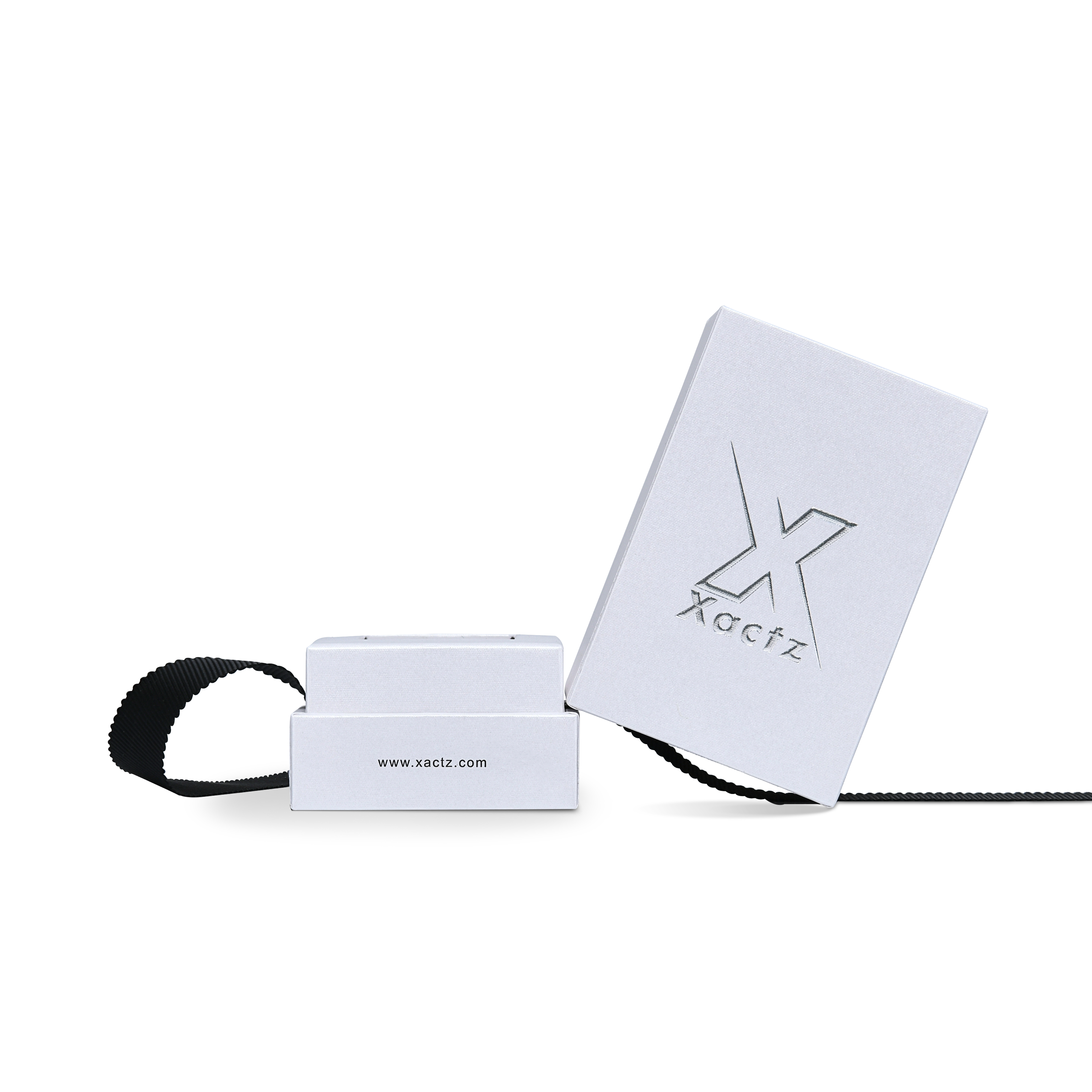 Premium Crystal White Textured Bright Silver Embossed Hot Stamped Extra Tall Rigid Gift Box with Ribbon Closure