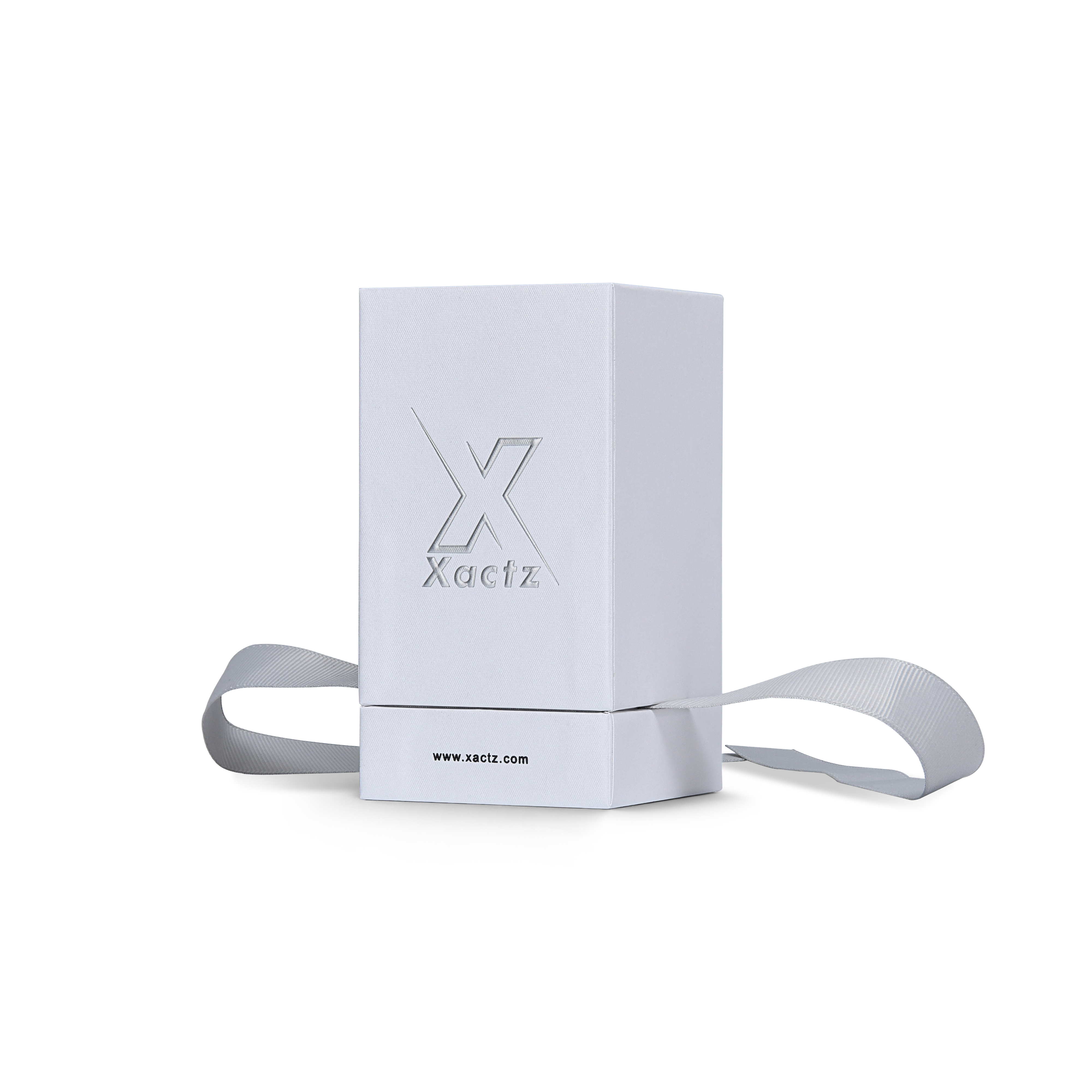 Premium Crystal White Textured Matte Silver Embossed Hot Stamped Extra Tall Rigid Gift Box with Ribbon Closure