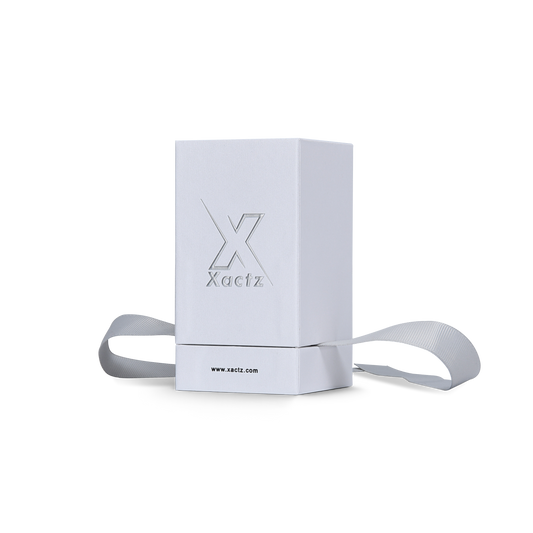 Premium Crystal White Textured Matte Silver Embossed Hot Stamped Extra Tall Rigid Gift Box with Ribbon Closure