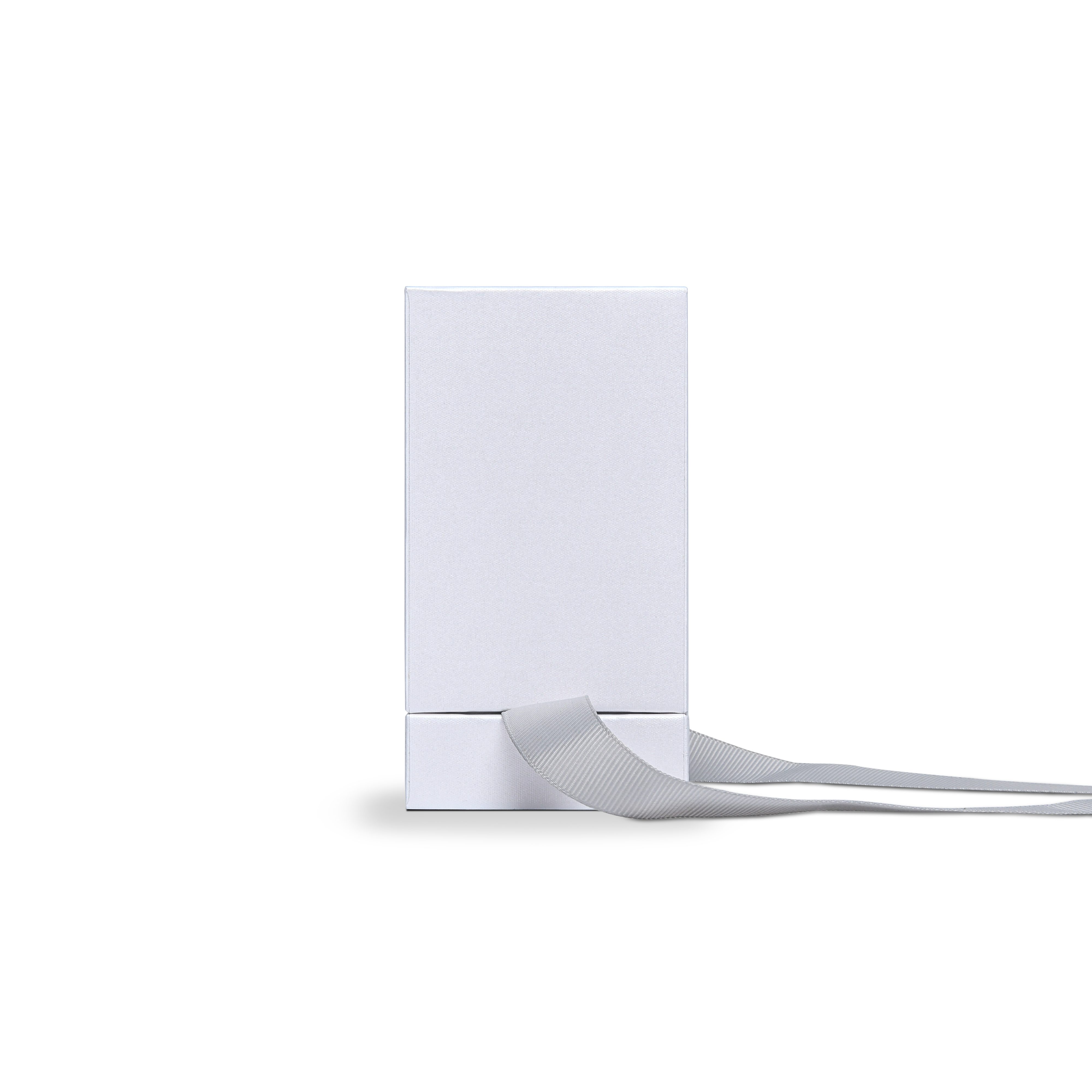 Premium Crystal White Textured Matte Silver Embossed Hot Stamped Extra Tall Rigid Gift Box with Ribbon Closure