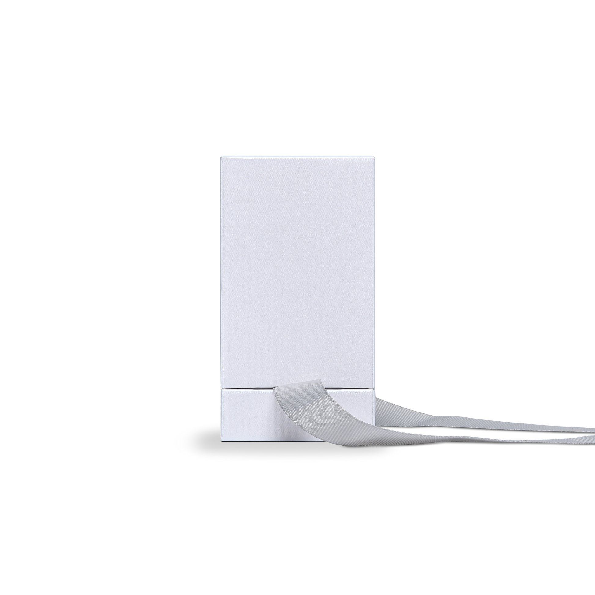 Premium Crystal White Textured Matte Silver Embossed Hot Stamped Extra Tall Rigid Gift Box with Ribbon Closure