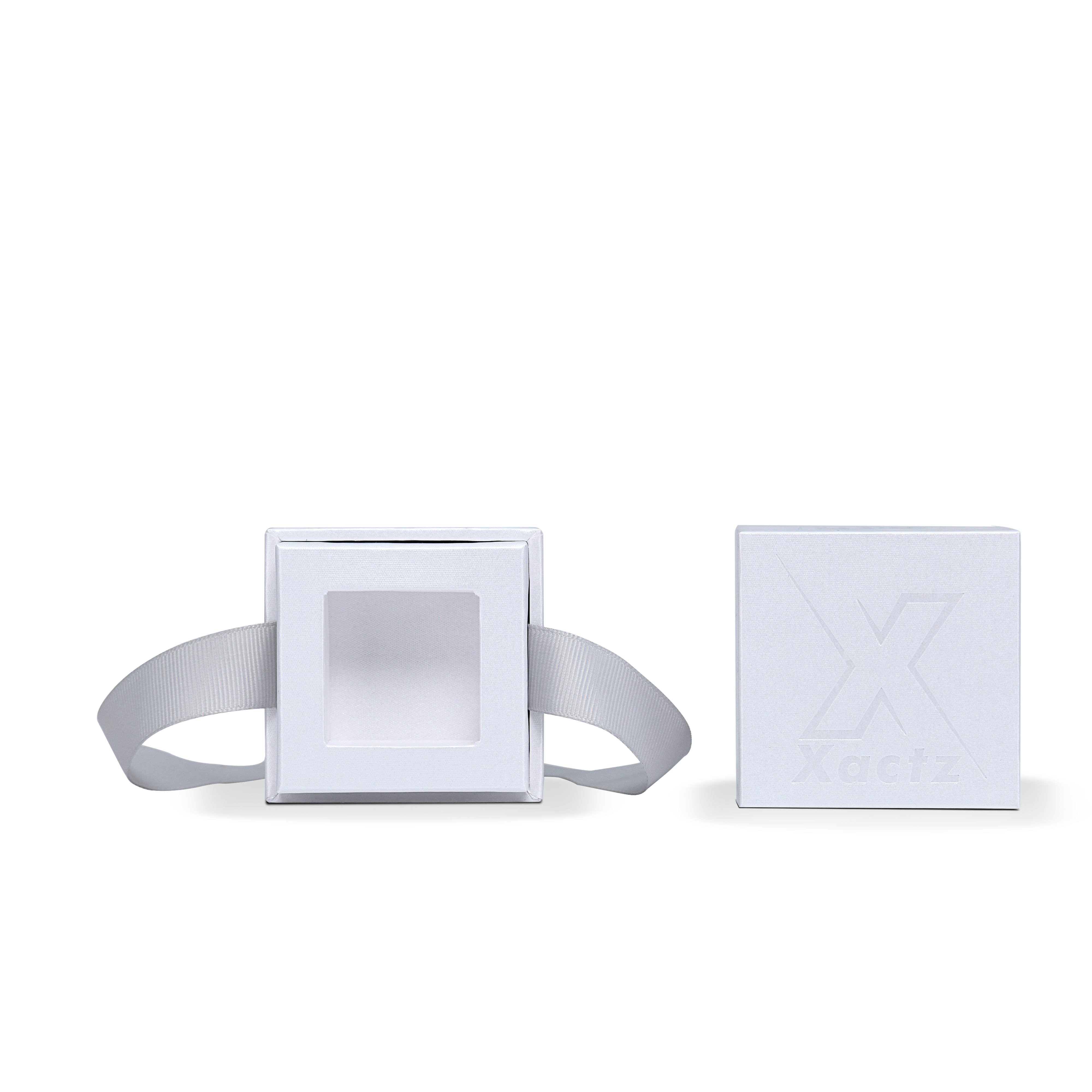 Premium Crystal White Textured Matte Silver Embossed Hot Stamped Extra Tall Rigid Gift Box with Ribbon Closure