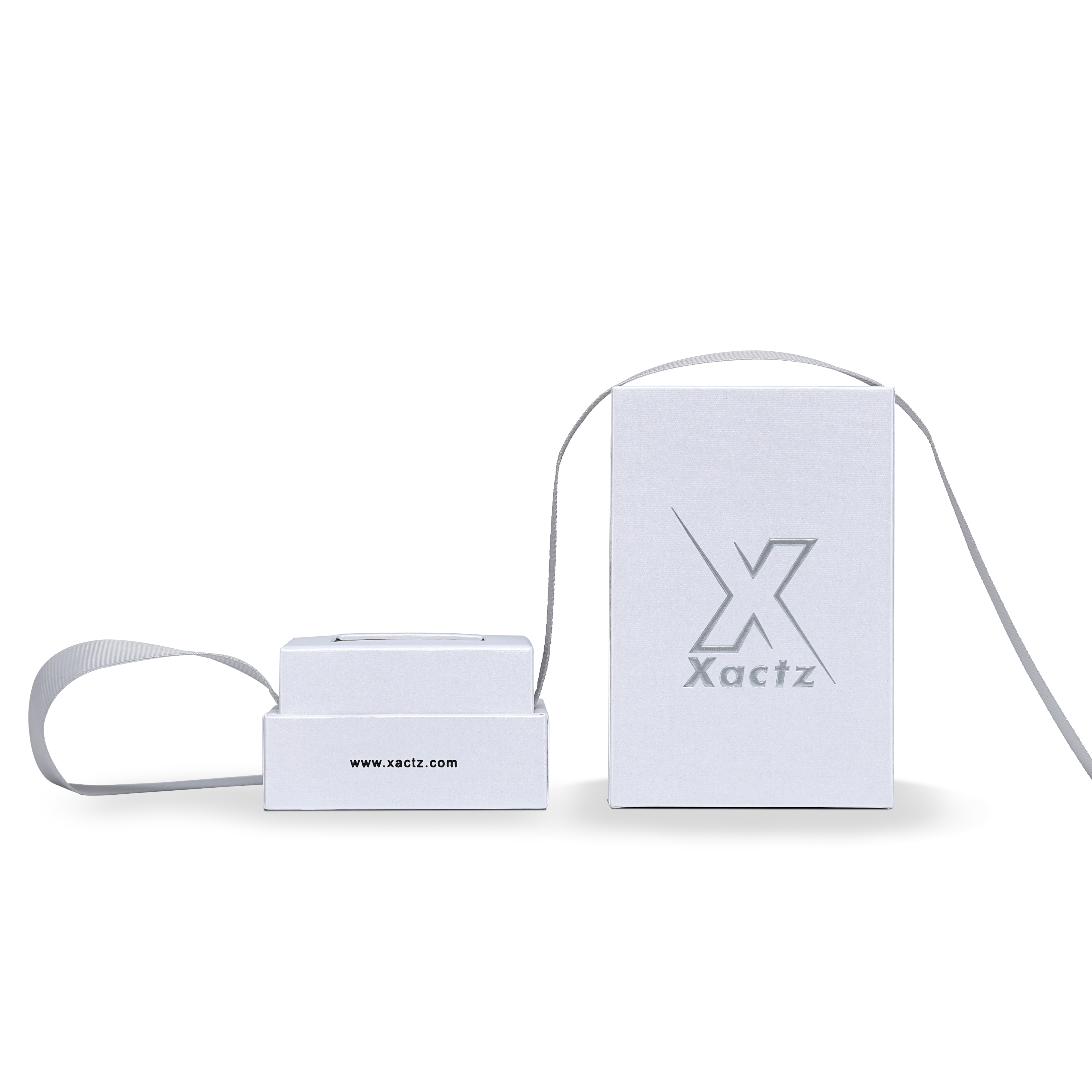 Premium Crystal White Textured Matte Silver Embossed Hot Stamped Extra Tall Rigid Gift Box with Ribbon Closure