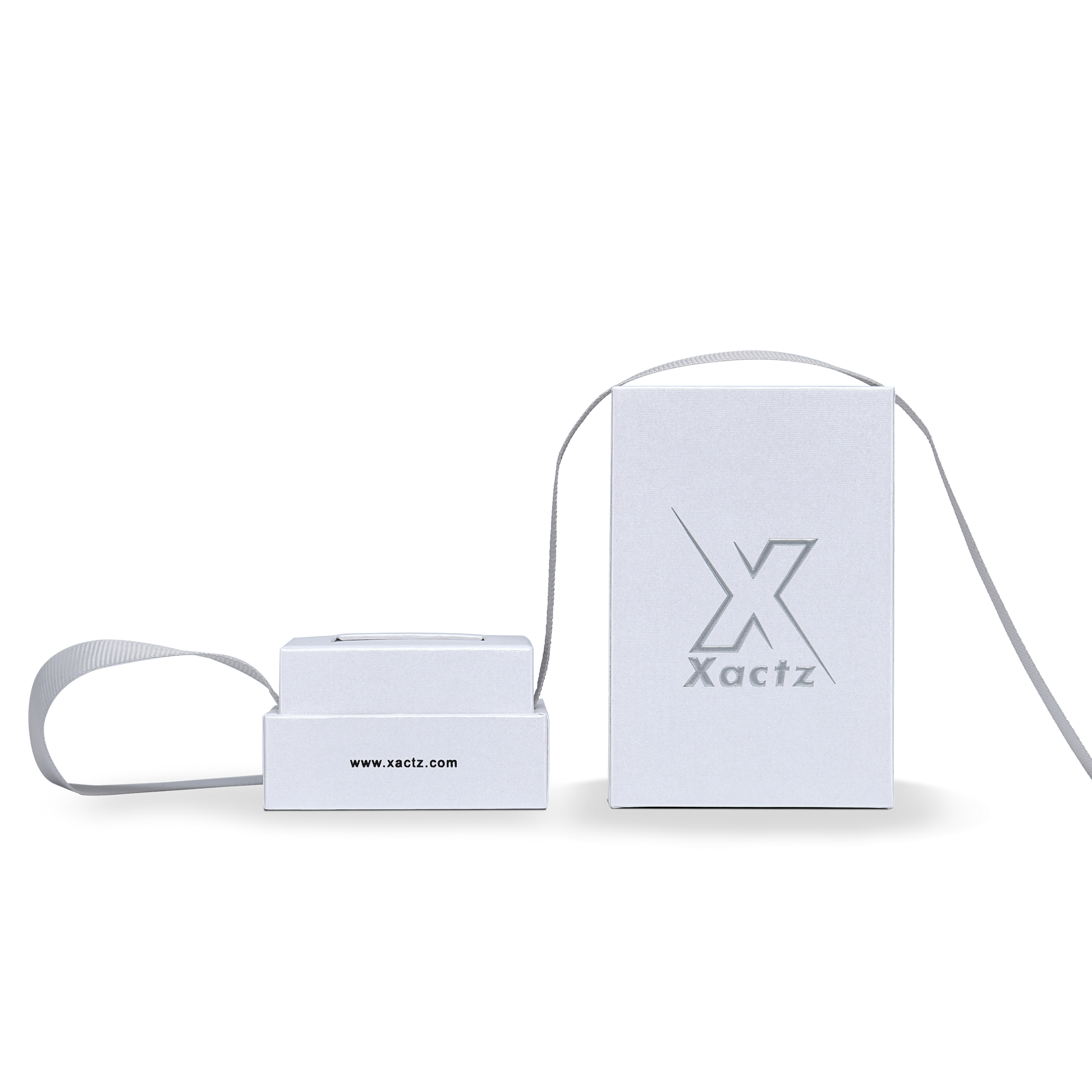 Premium Crystal White Textured Matte Silver Embossed Hot Stamped Extra Tall Rigid Gift Box with Ribbon Closure