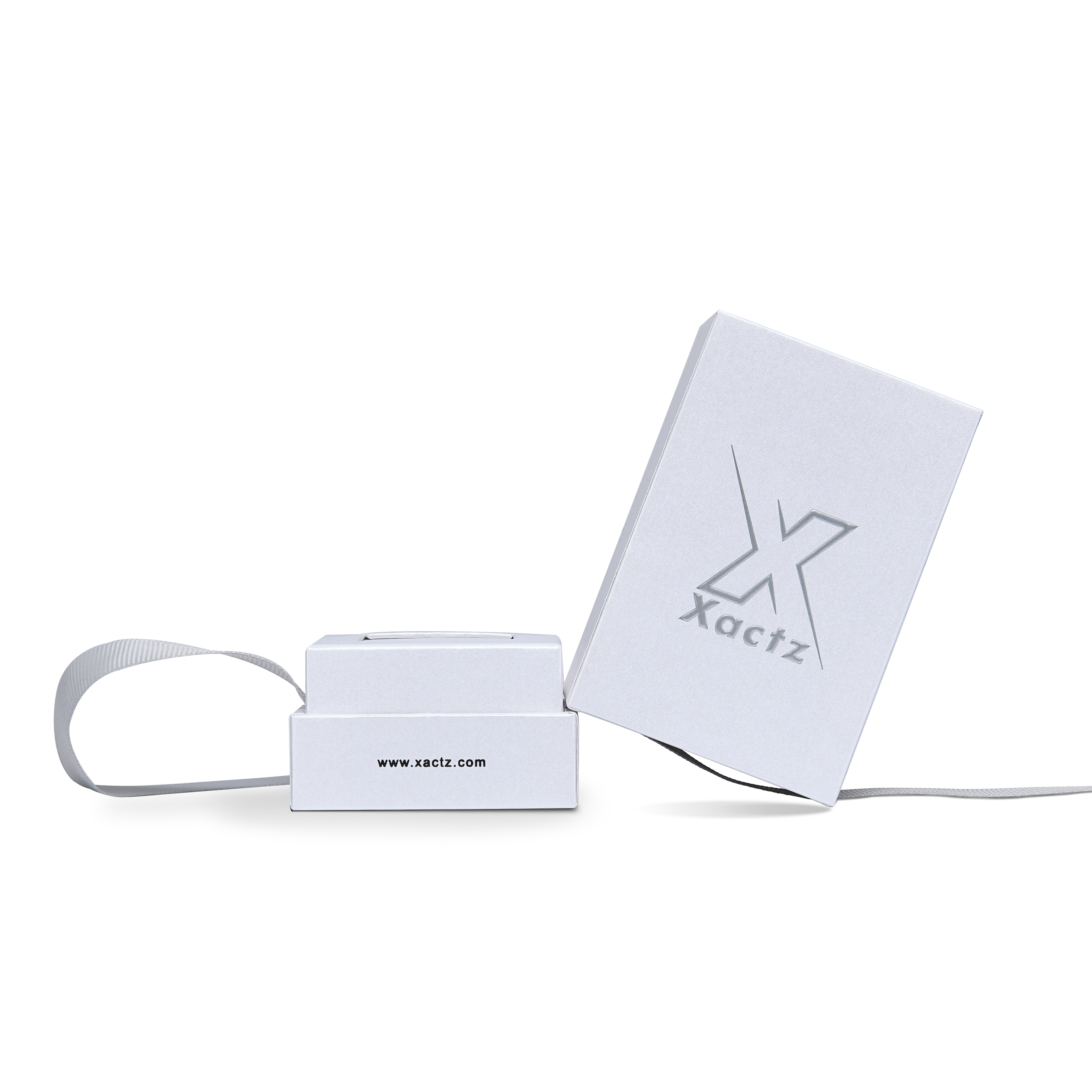 Premium Crystal White Textured Matte Silver Embossed Hot Stamped Extra Tall Rigid Gift Box with Ribbon Closure