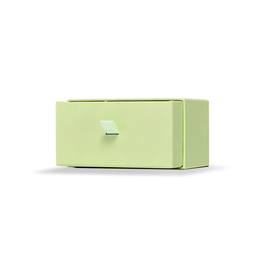 Luxuriöse maßgeschneiderte grüne Schubladengeschenkbox mit geprägter schwarzer Folie und Raffia-Füllung