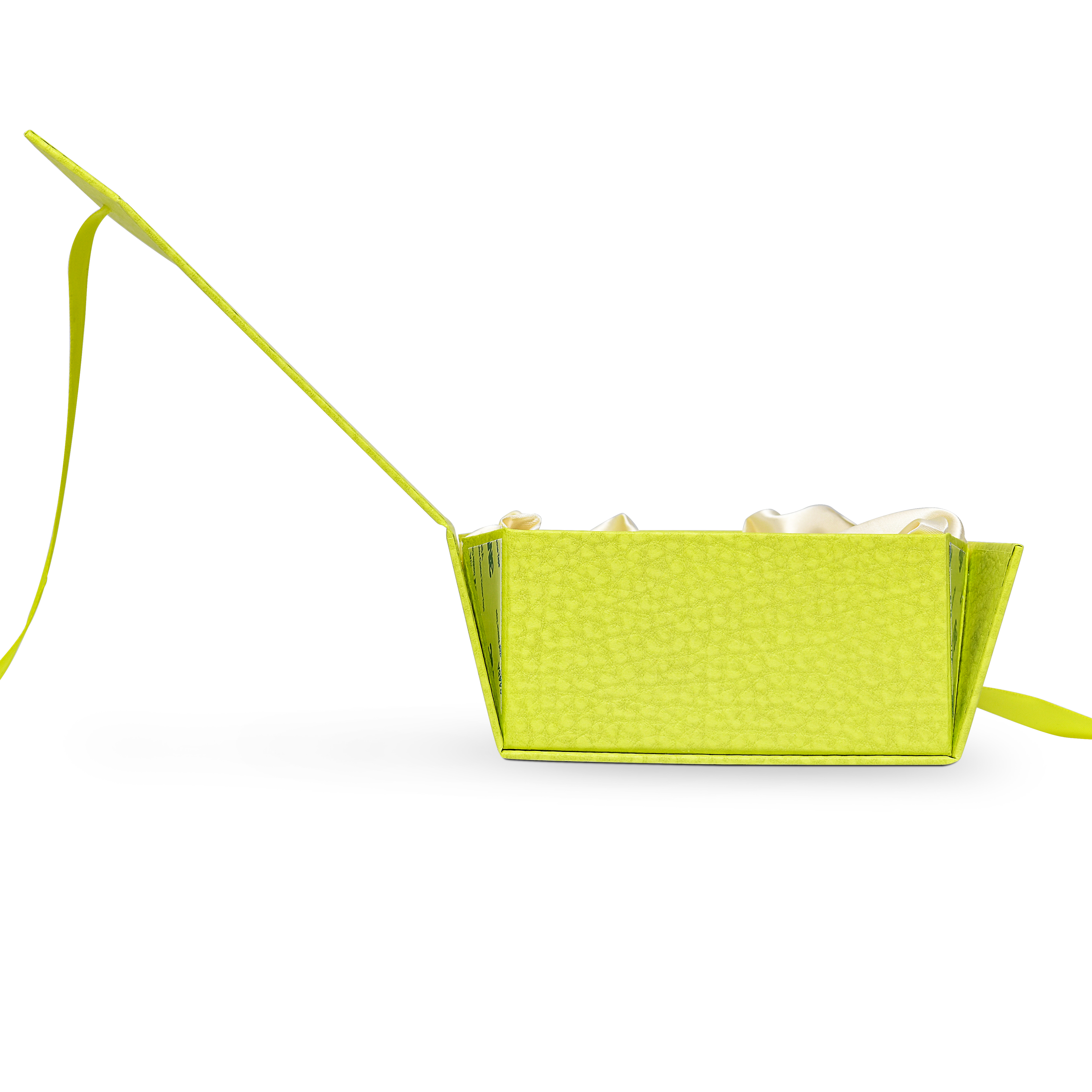 Premium Fruit Green Folding Book-Style Box with Embossed Gold Foil, Silk Satin Lining, Magnetic Closure and Decorative Ribbon