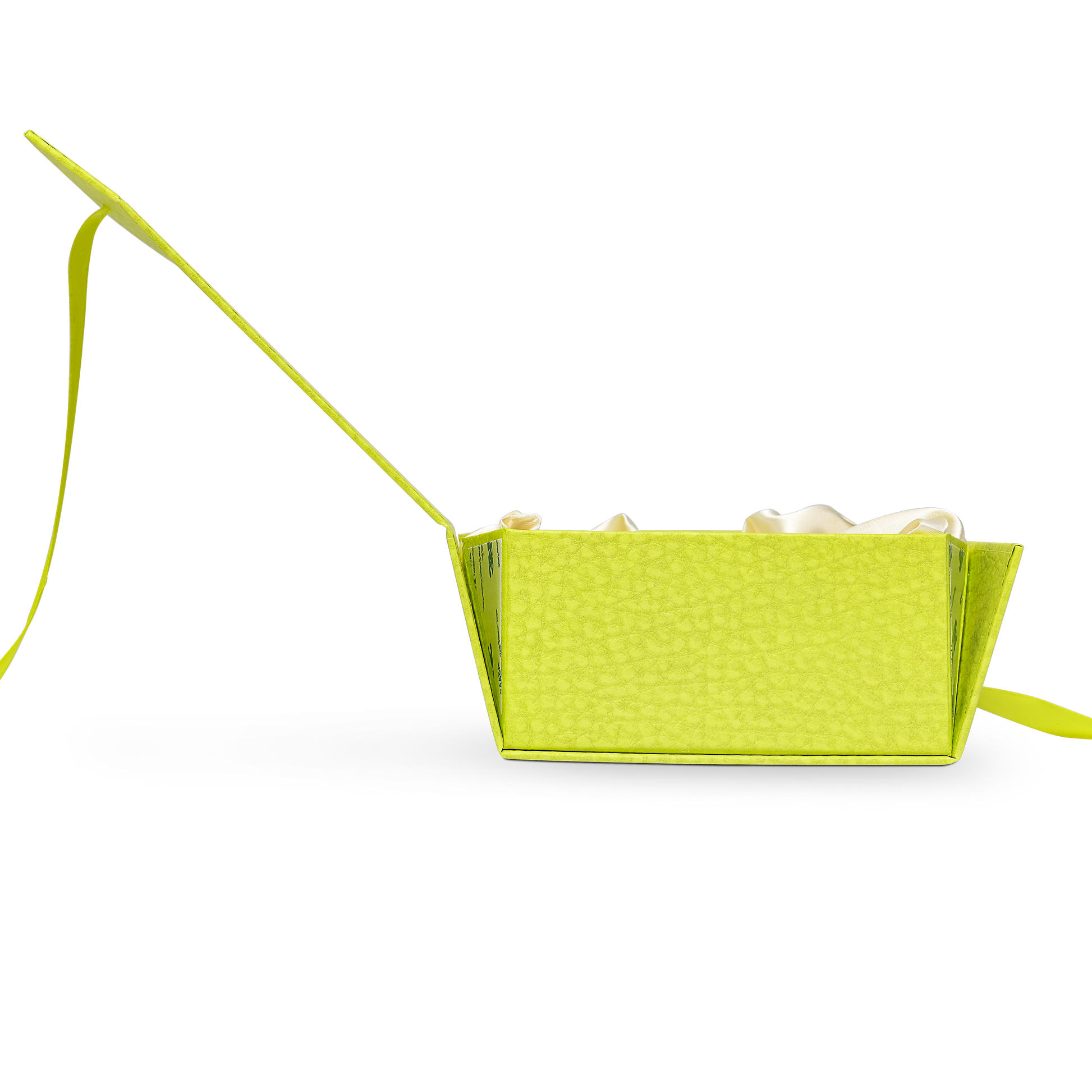 Premium Fruit Green Folding Book-Style Box with Embossed Gold Foil, Silk Satin Lining, Magnetic Closure and Decorative Ribbon