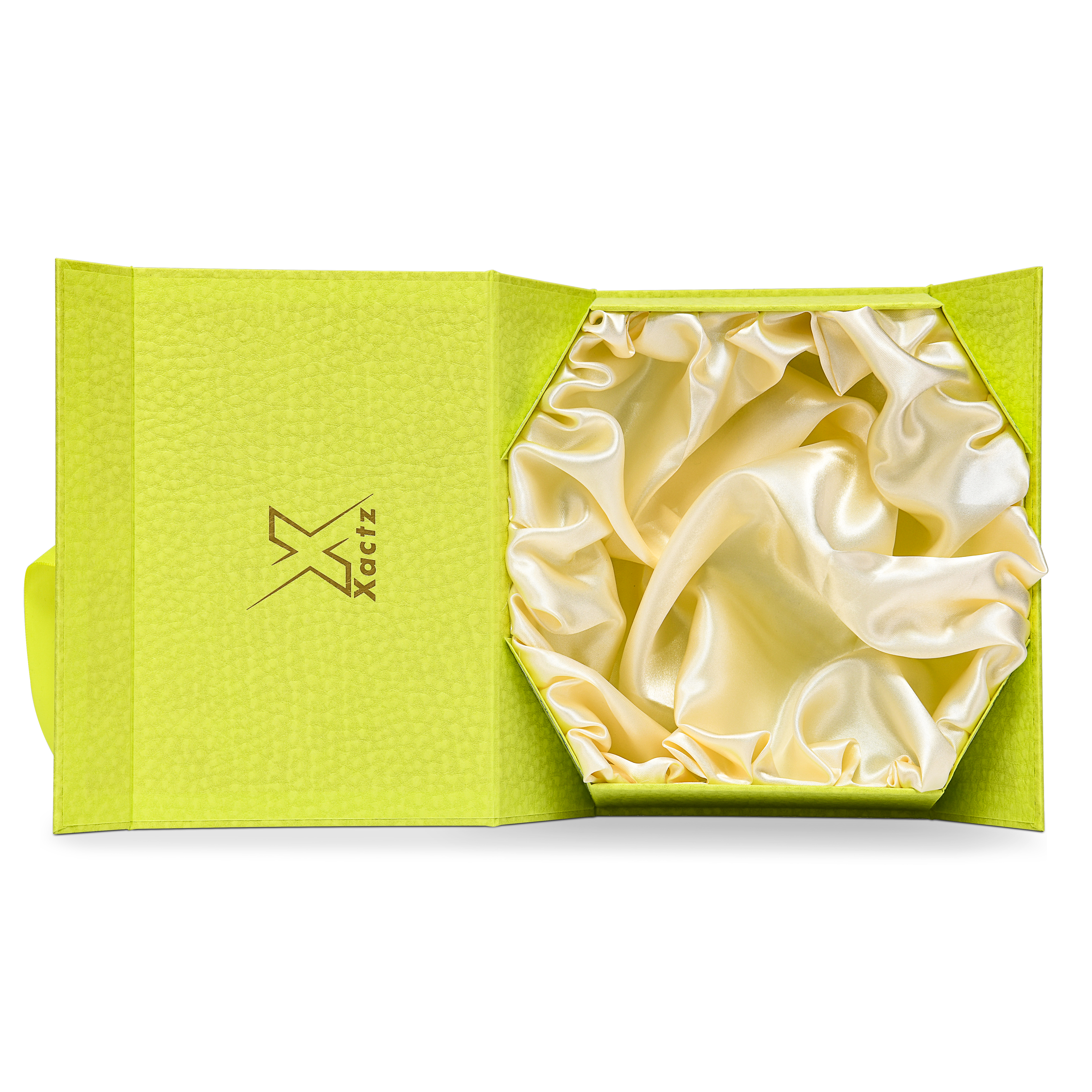 Premium Fruit Green Folding Book-Style Box with Embossed Gold Foil, Silk Satin Lining, Magnetic Closure and Decorative Ribbon