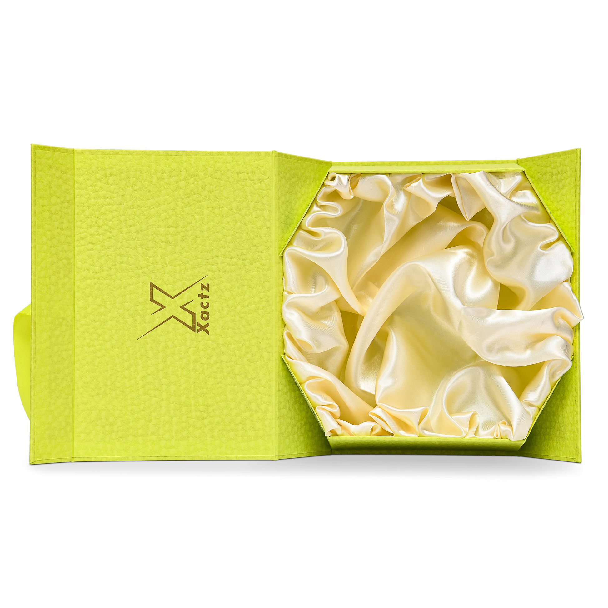 Premium Fruit Green Folding Book-Style Box with Embossed Gold Foil, Silk Satin Lining, Magnetic Closure and Decorative Ribbon