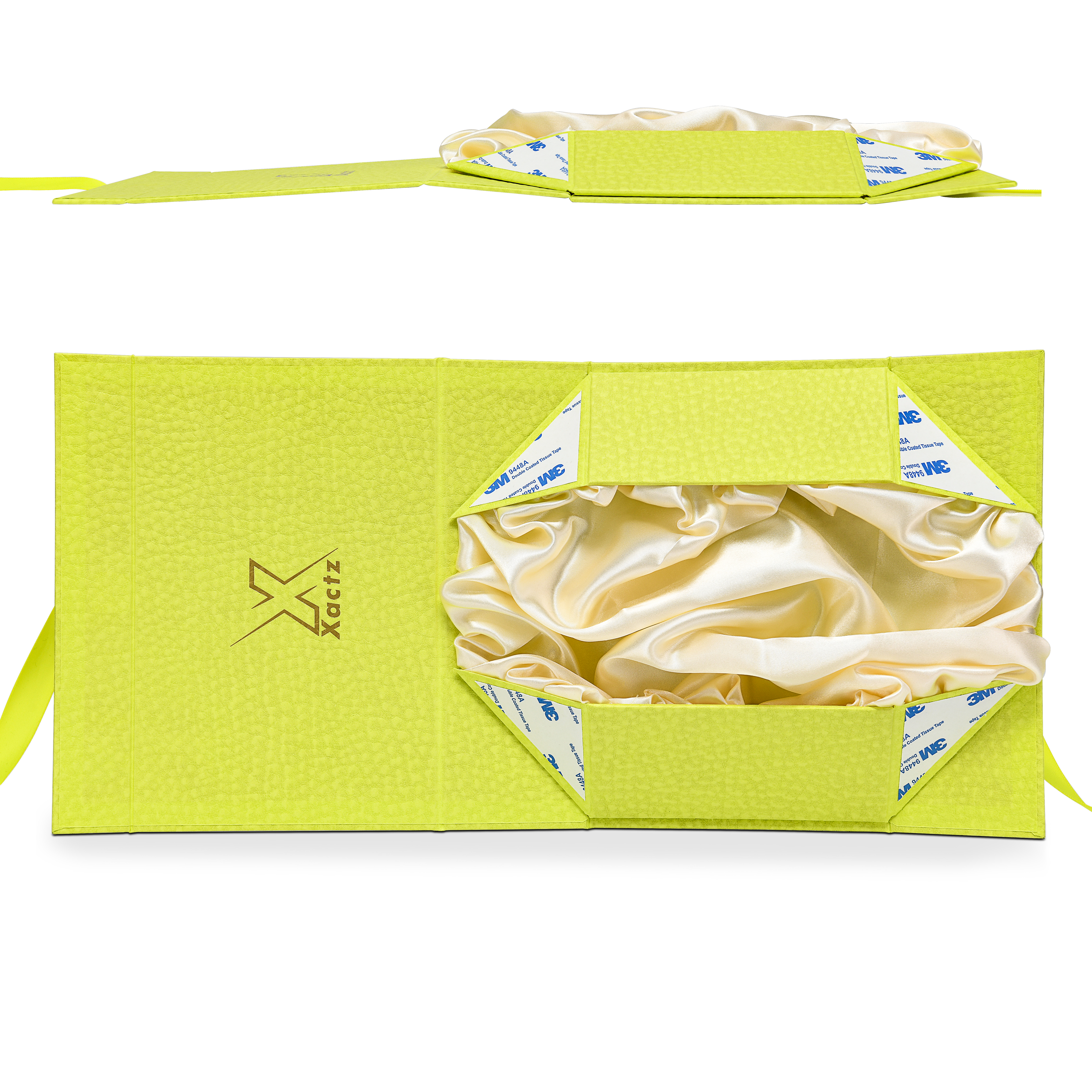 Premium Fruit Green Folding Book-Style Box with Embossed Gold Foil, Silk Satin Lining, Magnetic Closure and Decorative Ribbon