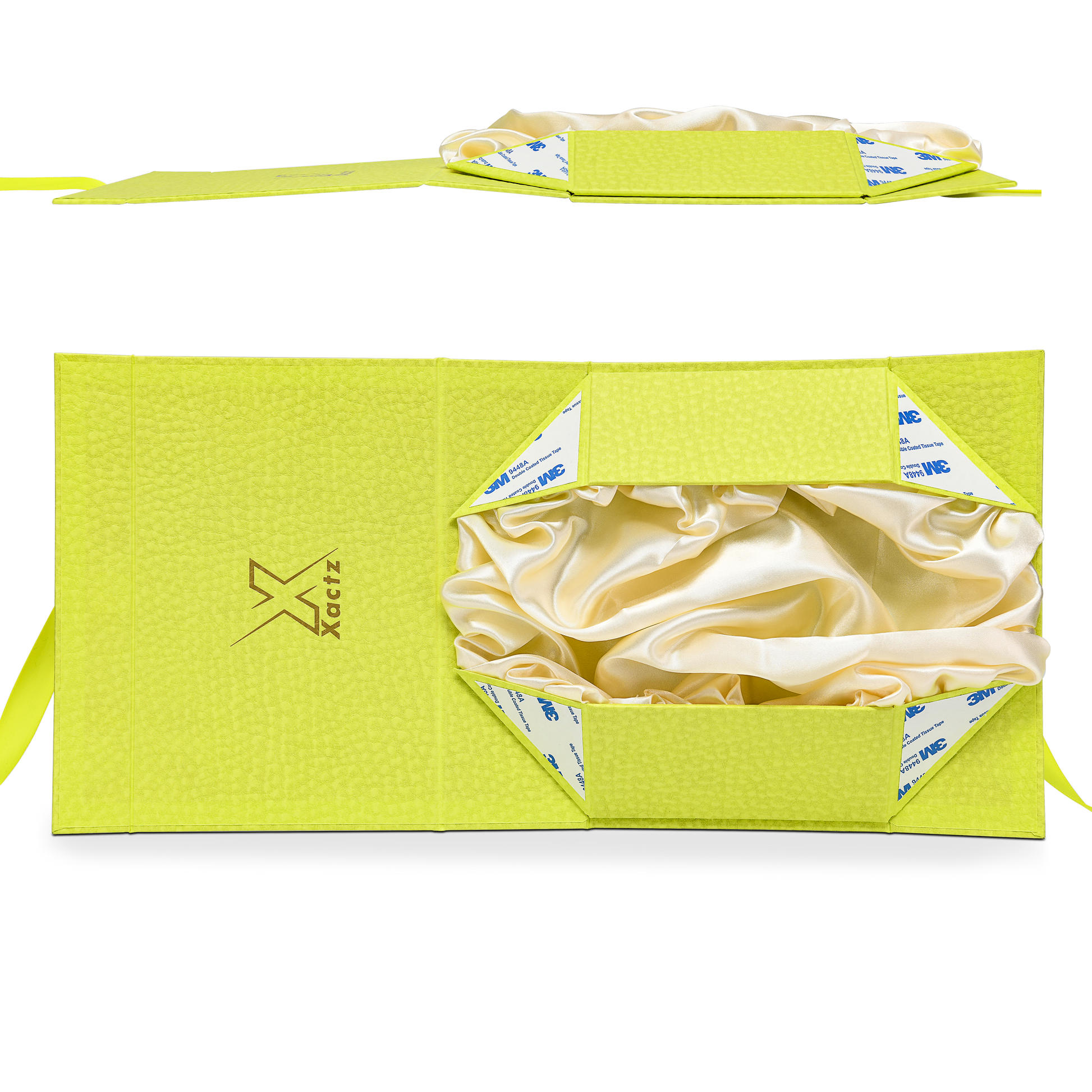 Premium Fruit Green Folding Book-Style Box with Embossed Gold Foil, Silk Satin Lining, Magnetic Closure and Decorative Ribbon