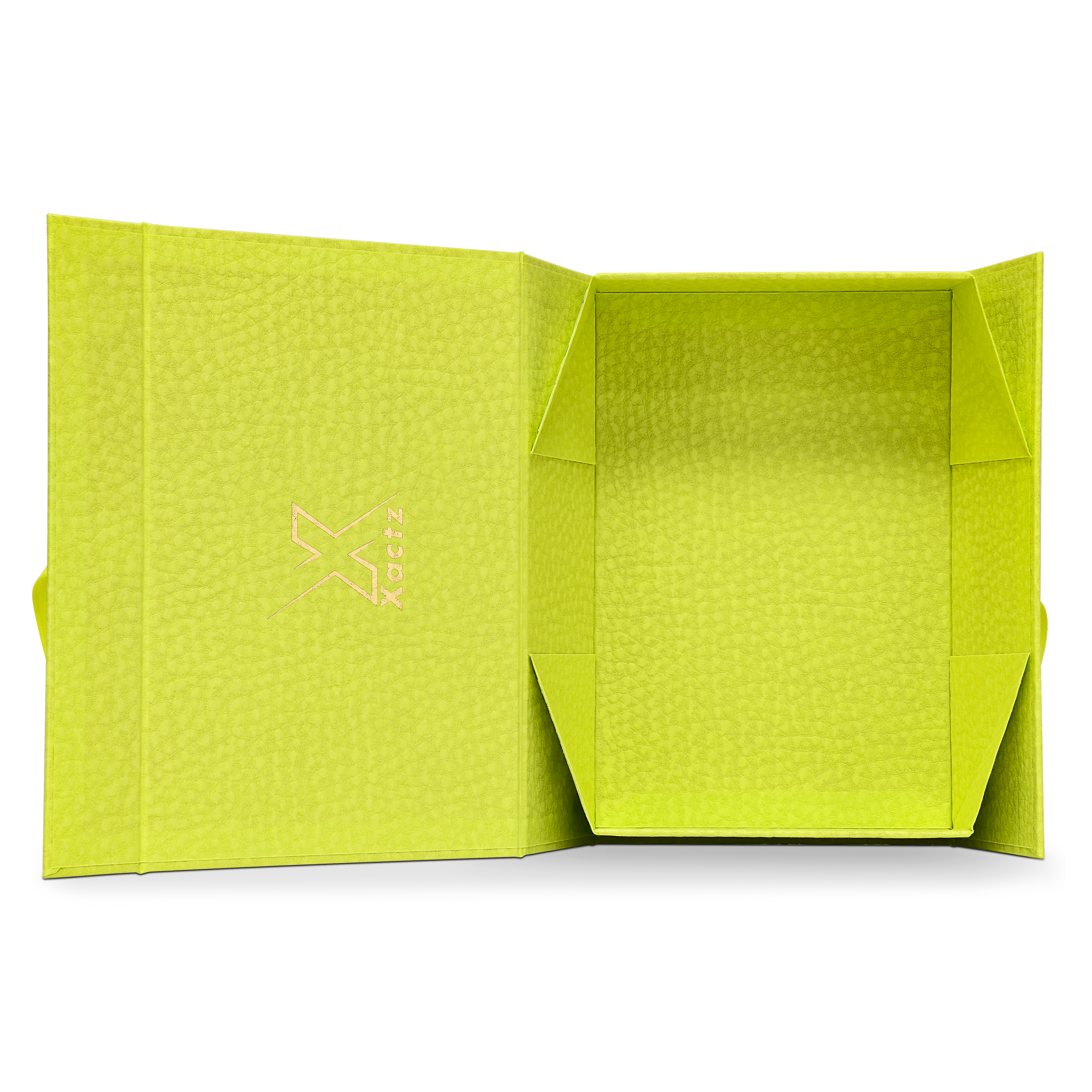 Premium Fruit Green Folding Book-Style Box with Embossed Matte Gold Foil, Magnetic Closure and Decorative Ribbon