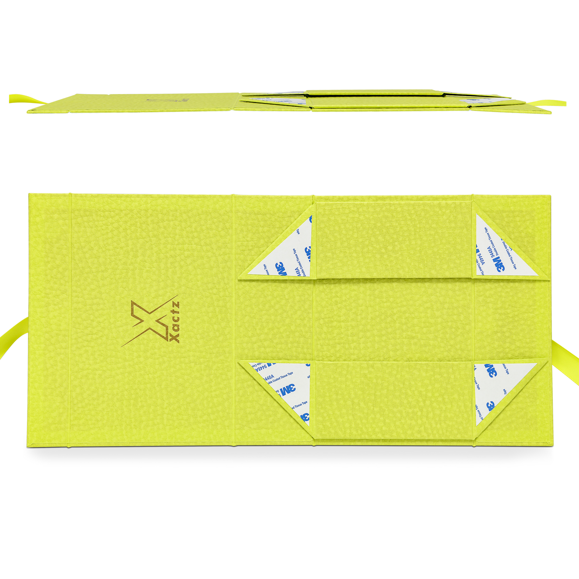 Premium Fruit Green Folding Book-Style Box with Embossed Matte Gold Foil, Magnetic Closure and Decorative Ribbon