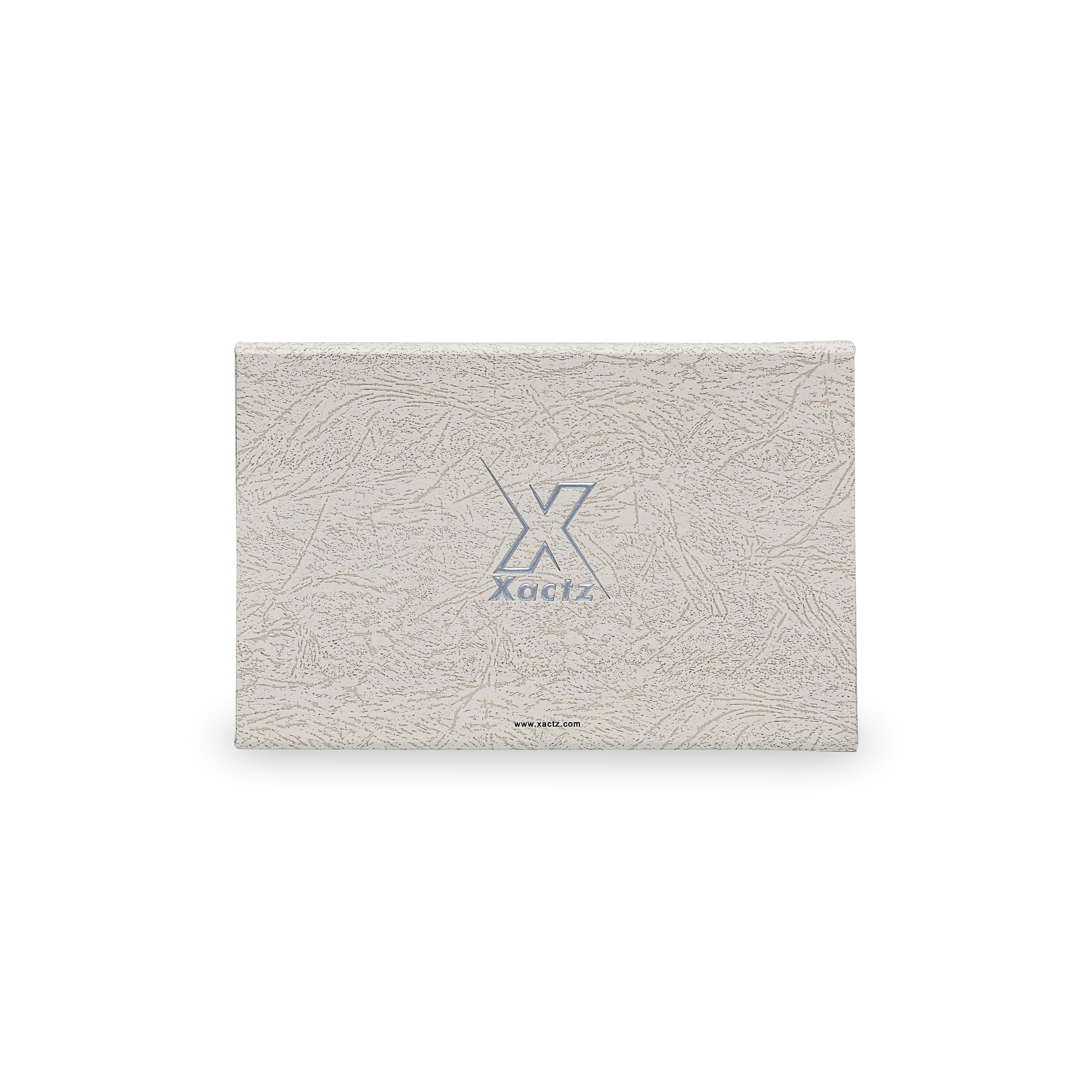 Premium Gray Book-Style Folding Box with Embossed Matte Silver Foil Logo, Magnetic Closure and Black Gold Website Stamping