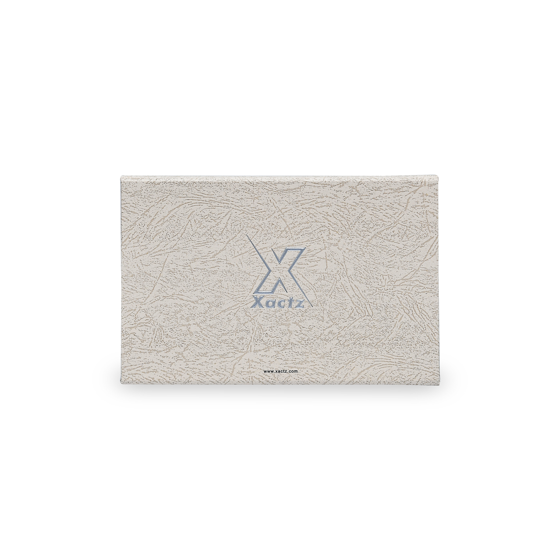 Premium Gray Book-Style Folding Box with Embossed Matte Silver Foil Logo, Magnetic Closure and Black Gold Website Stamping