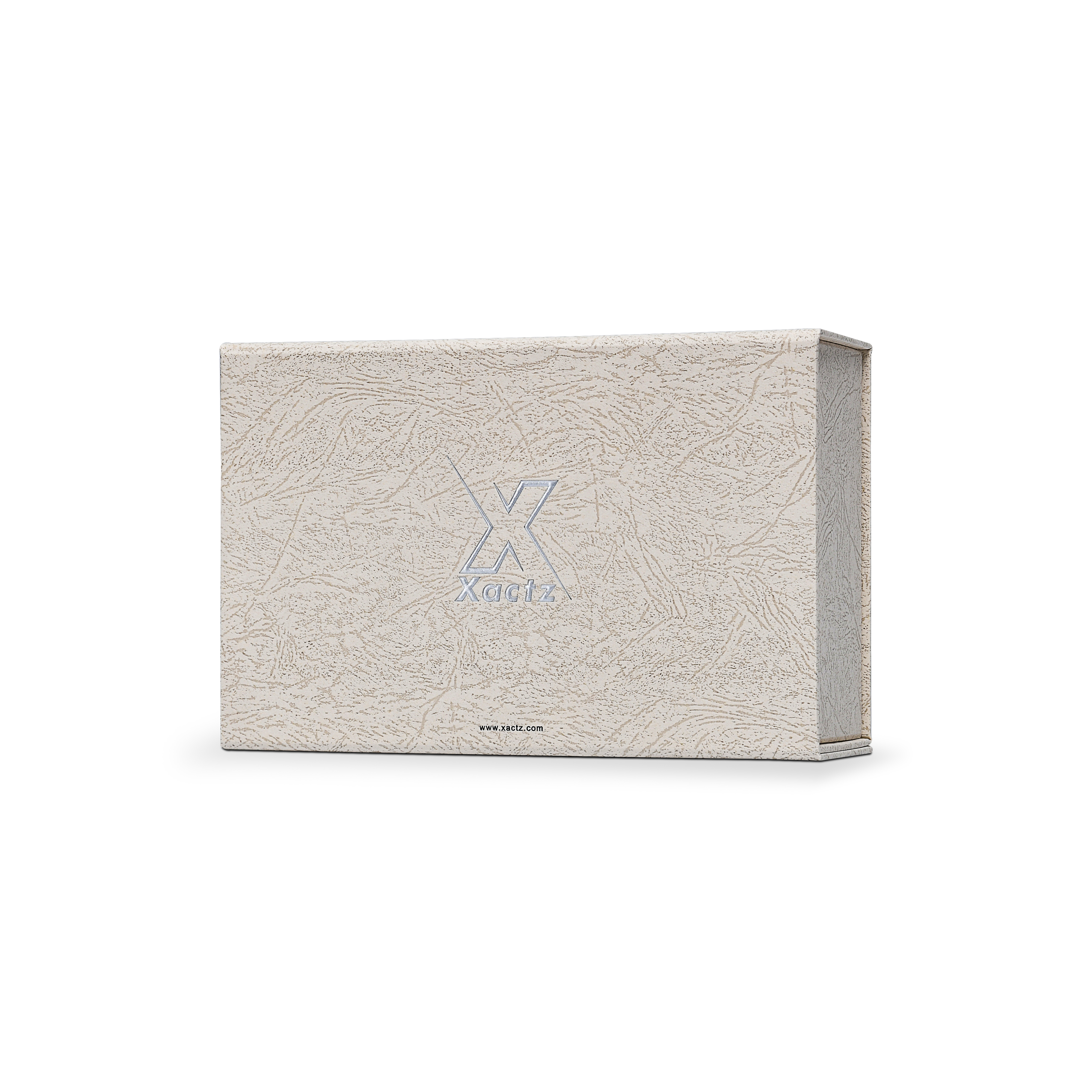 Premium Gray Book-Style Folding Box with Embossed Matte Silver Foil Logo, Magnetic Closure and Black Gold Website Stamping