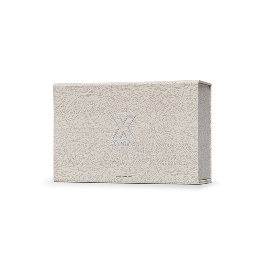 Premium Gray Book-Style Folding Box with Embossed Matte Silver Foil Logo, Magnetic Closure and Black Gold Website Stamping