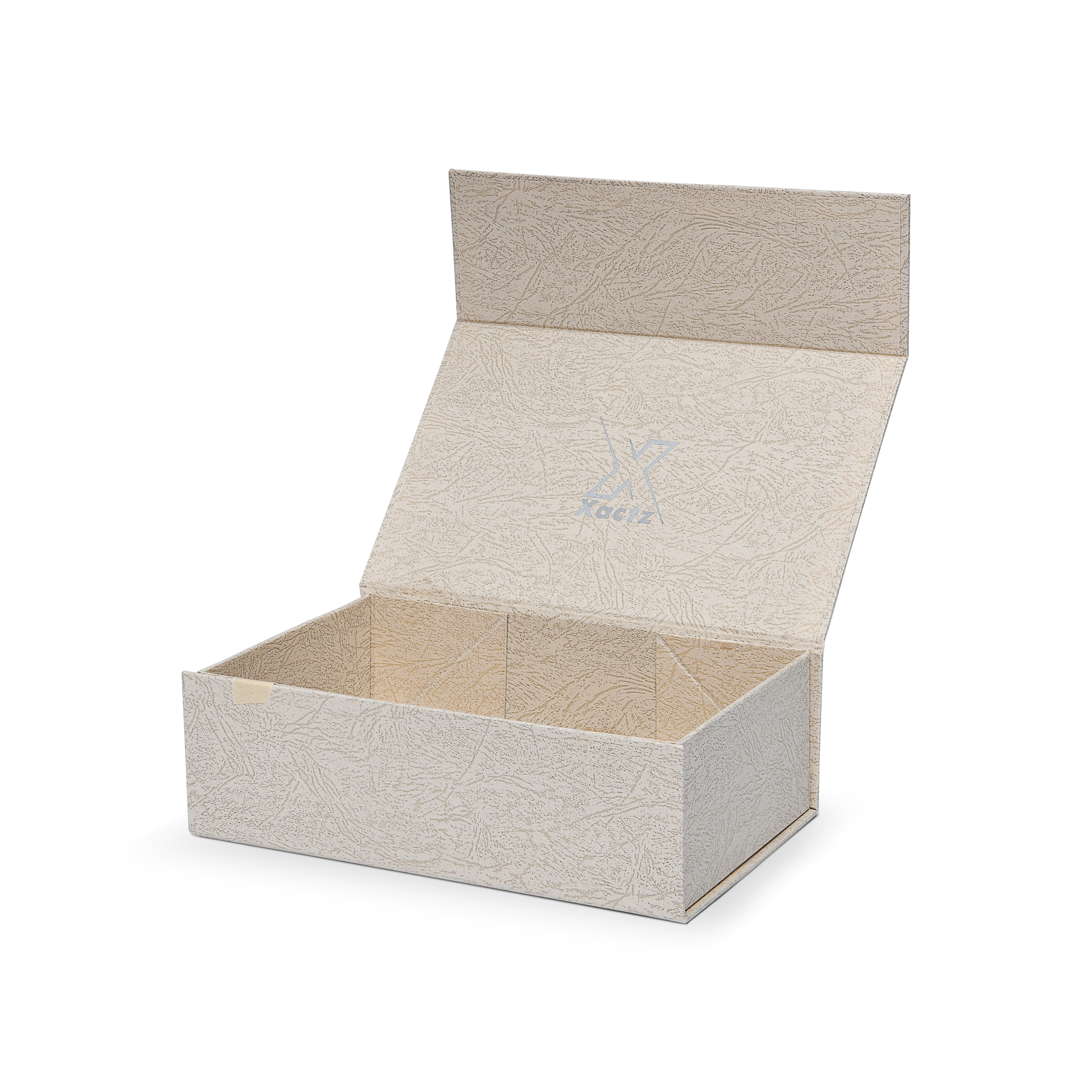 Premium Gray Book-Style Folding Box with Embossed Matte Silver Foil Logo, Magnetic Closure and Black Gold Website Stamping