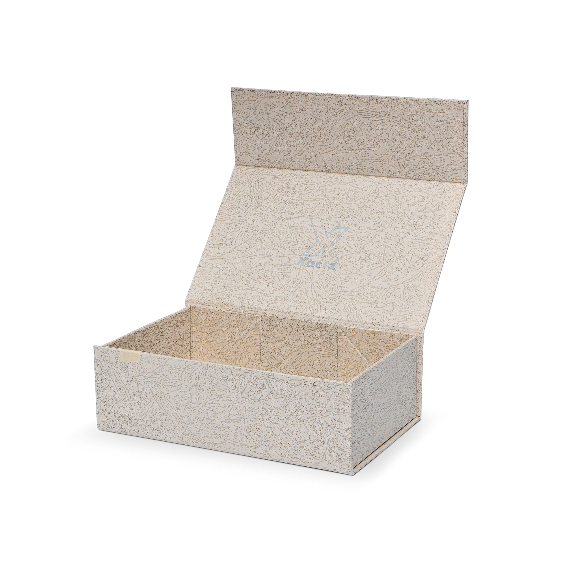 Premium Gray Book-Style Folding Box with Embossed Matte Silver Foil Logo, Magnetic Closure and Black Gold Website Stamping