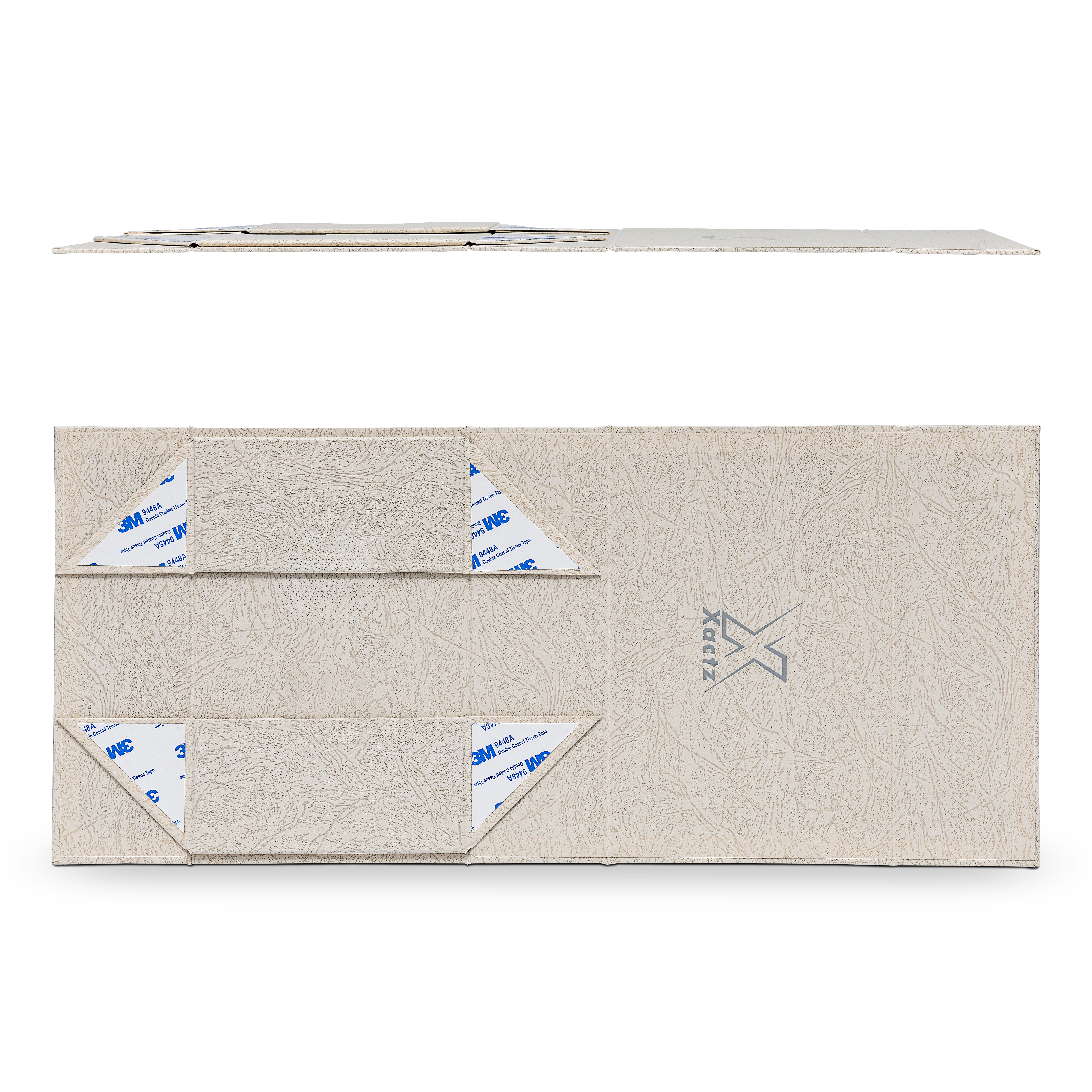 Premium Gray Book-Style Folding Box with Embossed Matte Silver Foil Logo, Magnetic Closure and Black Gold Website Stamping