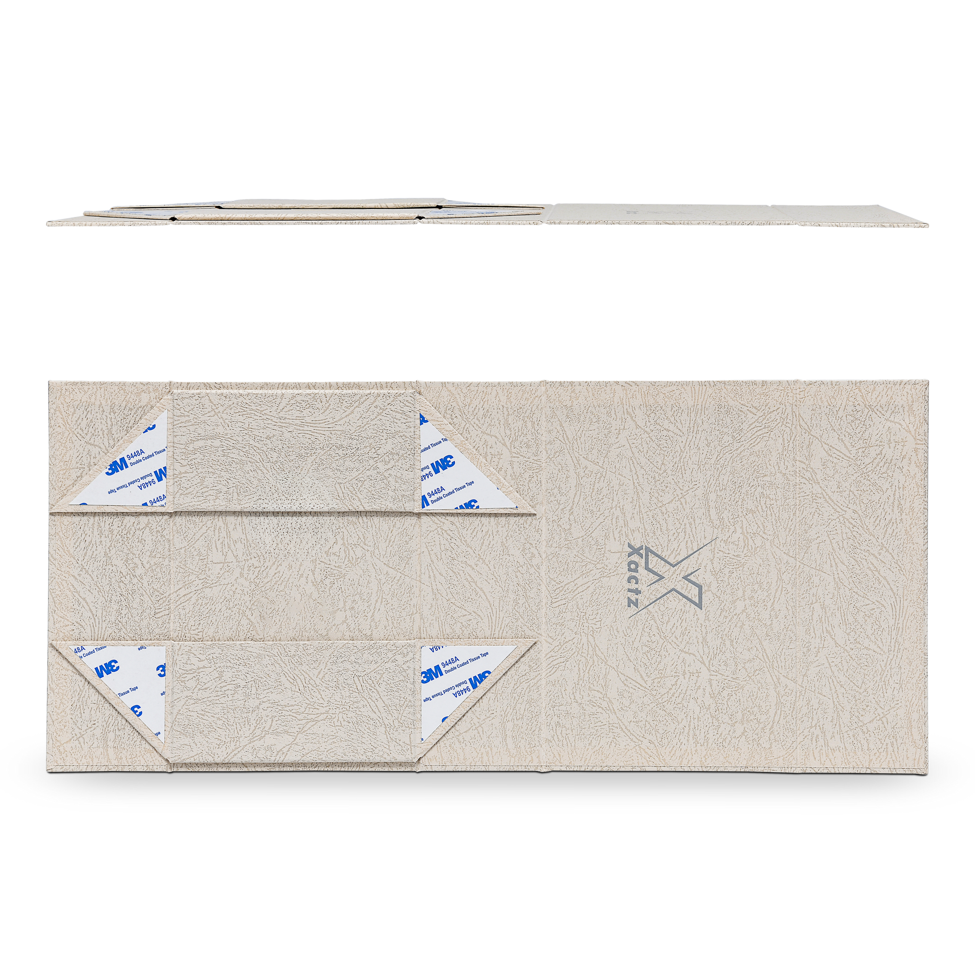 Premium Gray Book-Style Folding Box with Embossed Matte Silver Foil Logo, Magnetic Closure and Black Gold Website Stamping