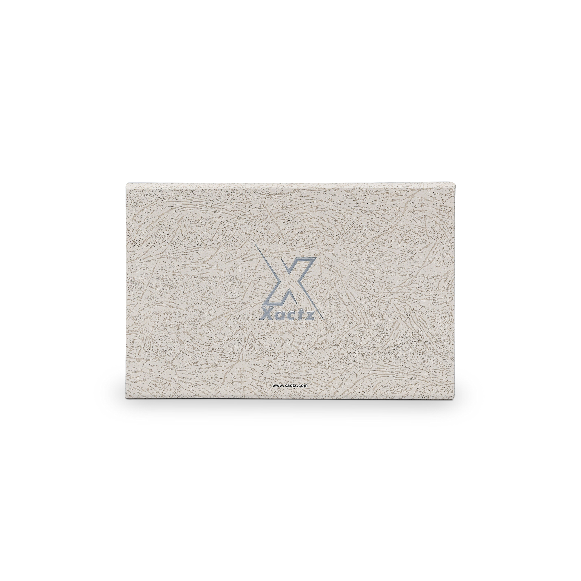 Premium Gray Book-Style Folding Box with Embossed Matte Silver Foil, Silk Satin Lining, Magnetic Closure and Black Gold Website Stamping