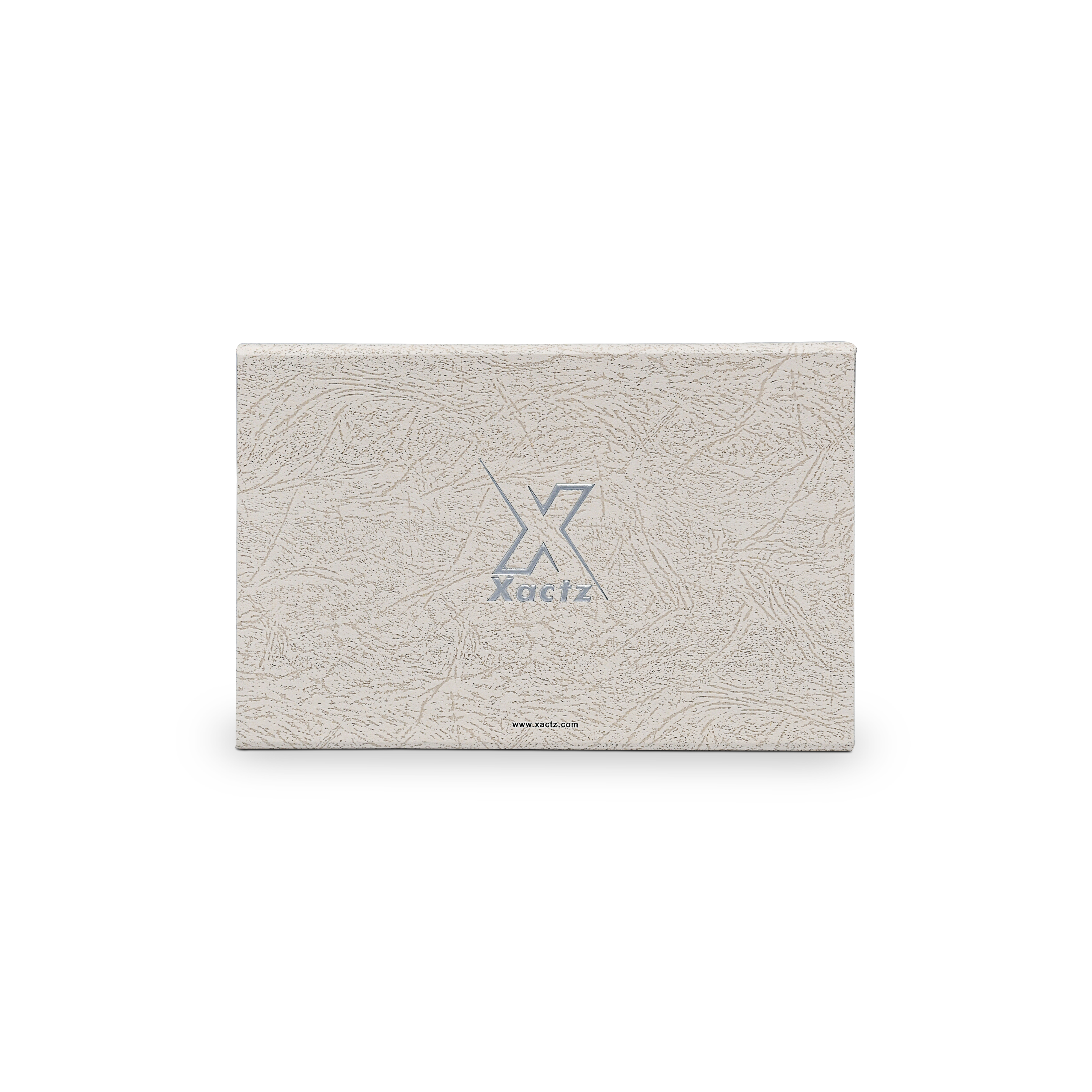 Premium Gray Book-Style Folding Box with Embossed Matte Silver Foil, Silk Satin Lining, Magnetic Closure and Black Gold Website Stamping