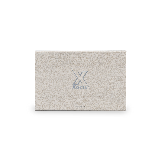 Premium Gray Book-Style Folding Box with Embossed Matte Silver Foil, Silk Satin Lining, Magnetic Closure and Black Gold Website Stamping