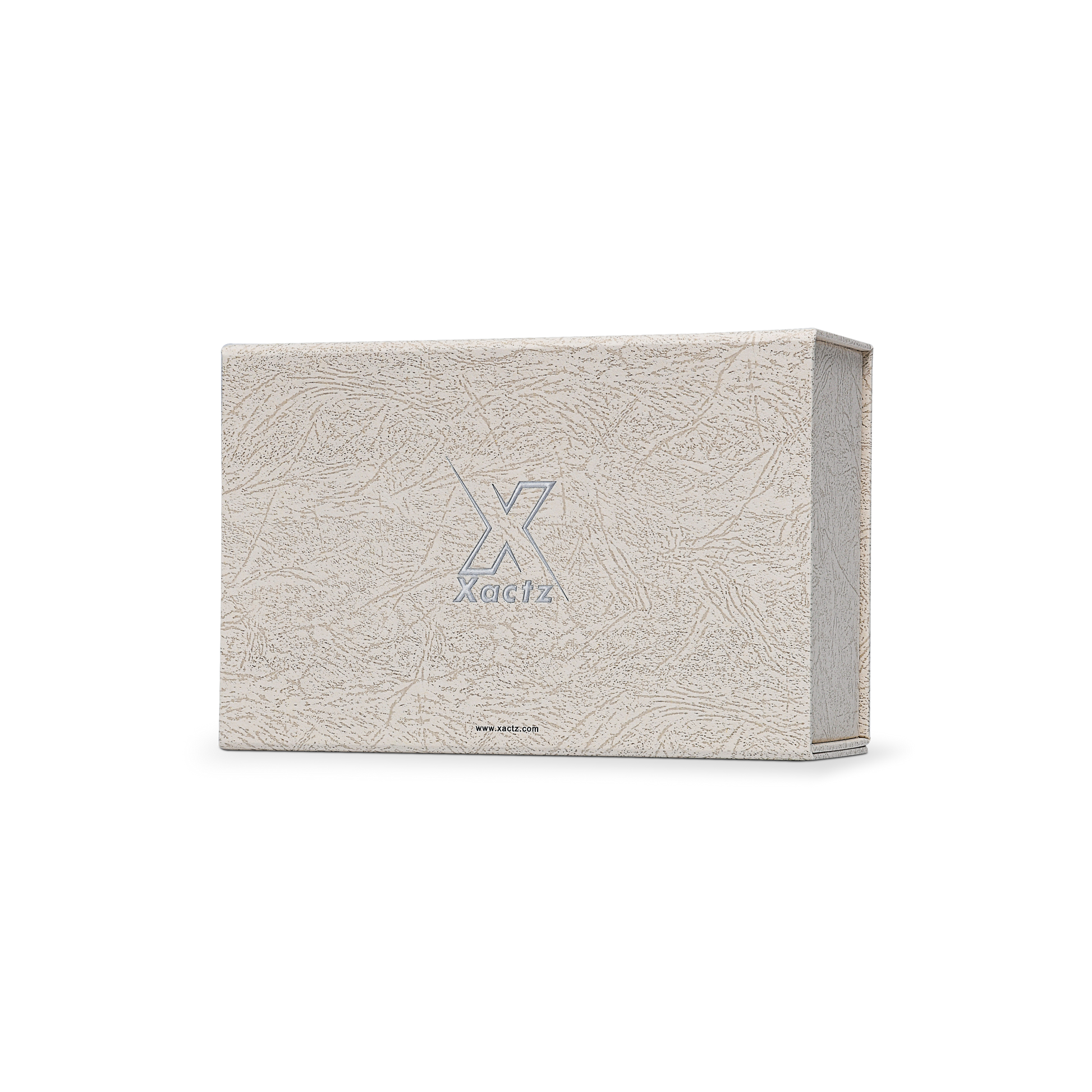 Premium Gray Book-Style Folding Box with Embossed Matte Silver Foil, Silk Satin Lining, Magnetic Closure and Black Gold Website Stamping