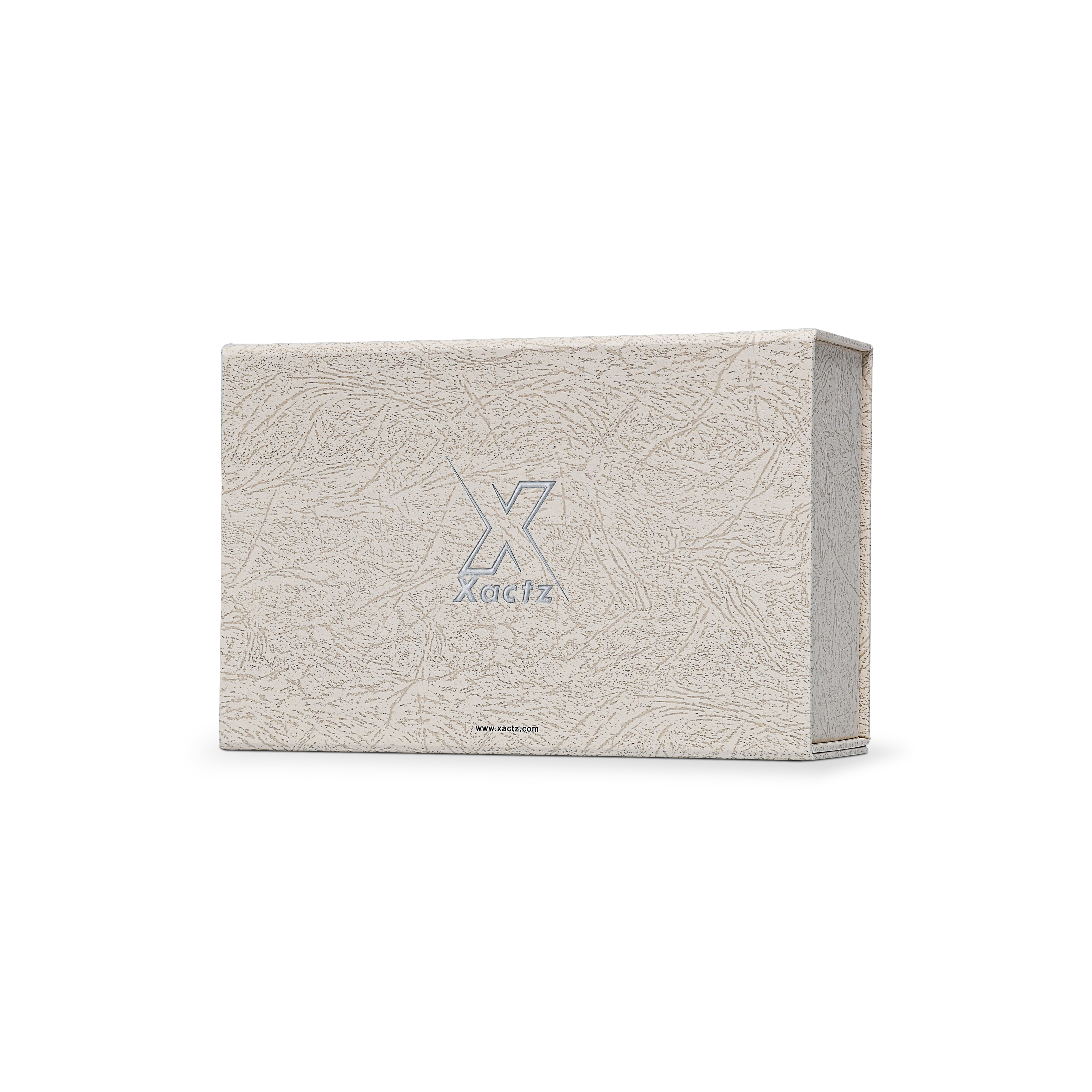 Premium Gray Book-Style Folding Box with Embossed Matte Silver Foil, Silk Satin Lining, Magnetic Closure and Black Gold Website Stamping