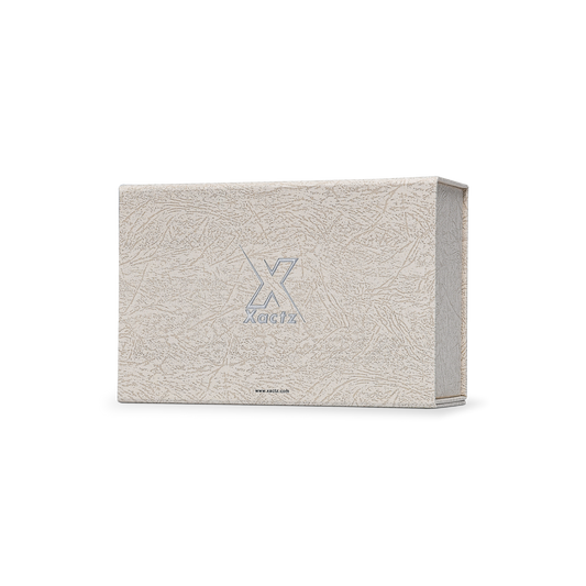 Premium Gray Book-Style Folding Box with Embossed Matte Silver Foil, Silk Satin Lining, Magnetic Closure and Black Gold Website Stamping