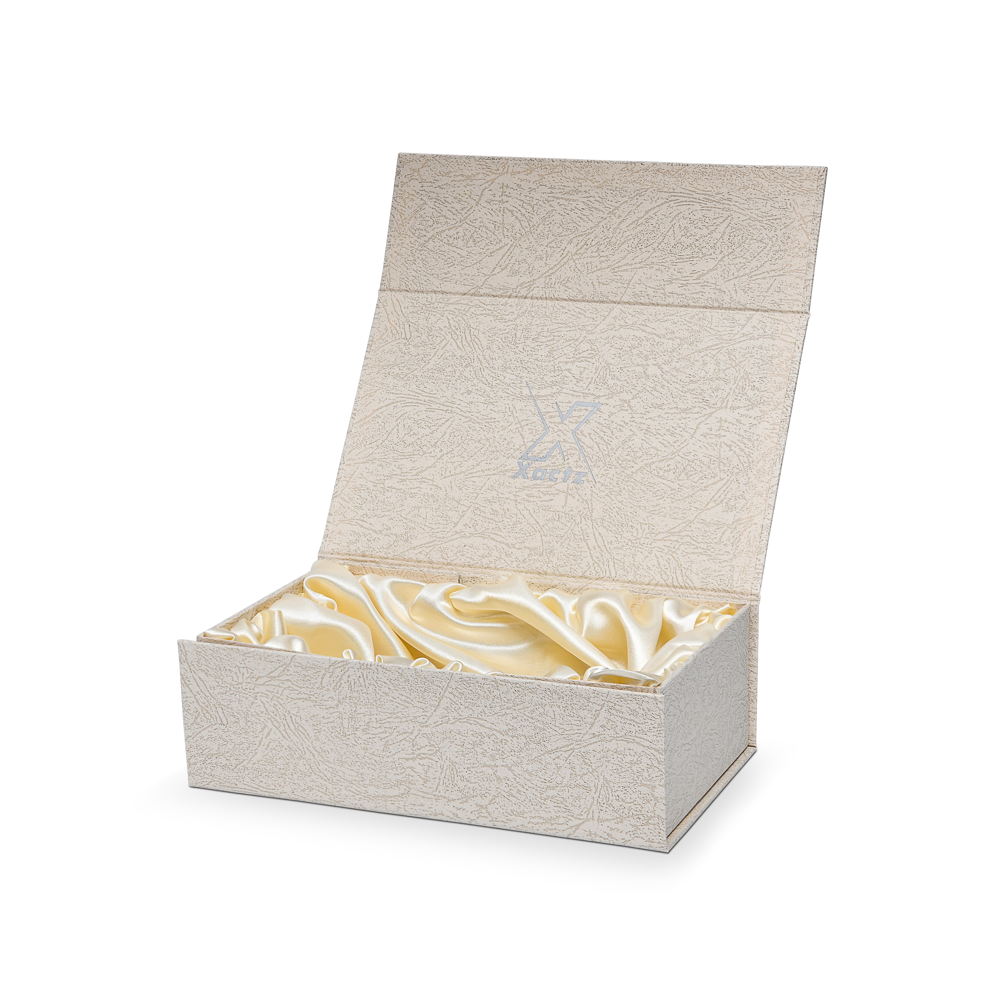 Premium Gray Book-Style Folding Box with Embossed Matte Silver Foil, Silk Satin Lining, Magnetic Closure and Black Gold Website Stamping