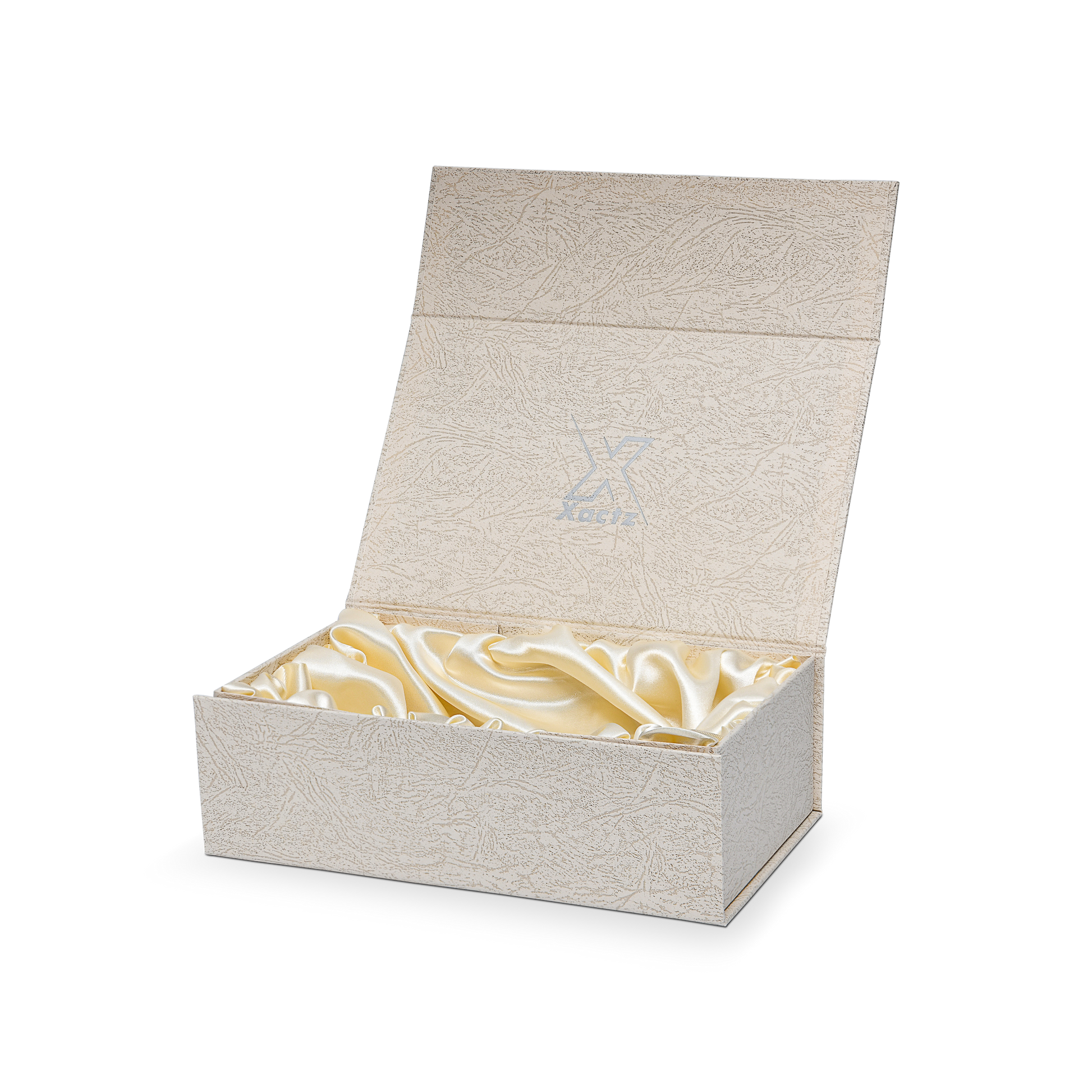 Premium Gray Book-Style Folding Box with Embossed Matte Silver Foil, Silk Satin Lining, Magnetic Closure and Black Gold Website Stamping