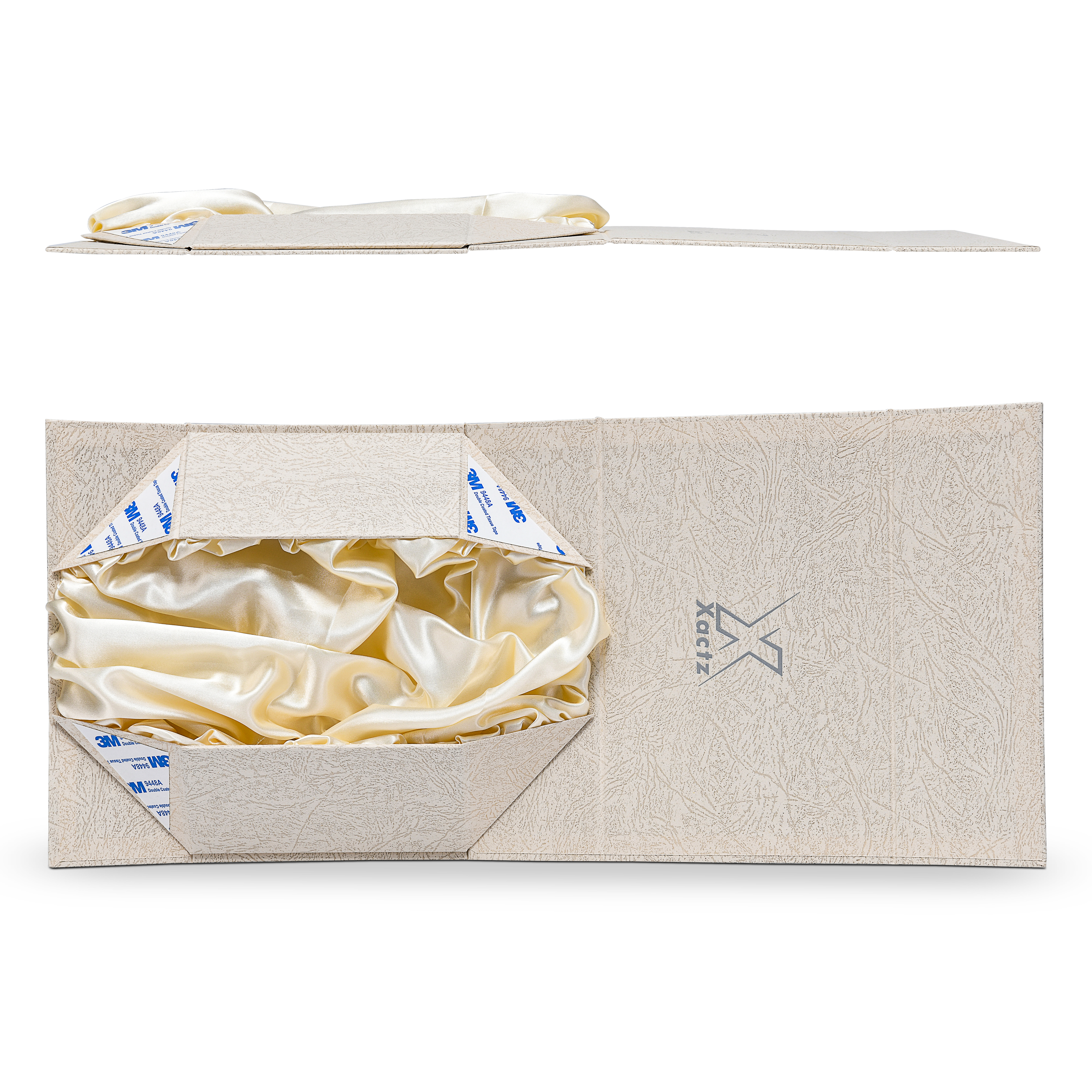 Premium Gray Book-Style Folding Box with Embossed Matte Silver Foil, Silk Satin Lining, Magnetic Closure and Black Gold Website Stamping