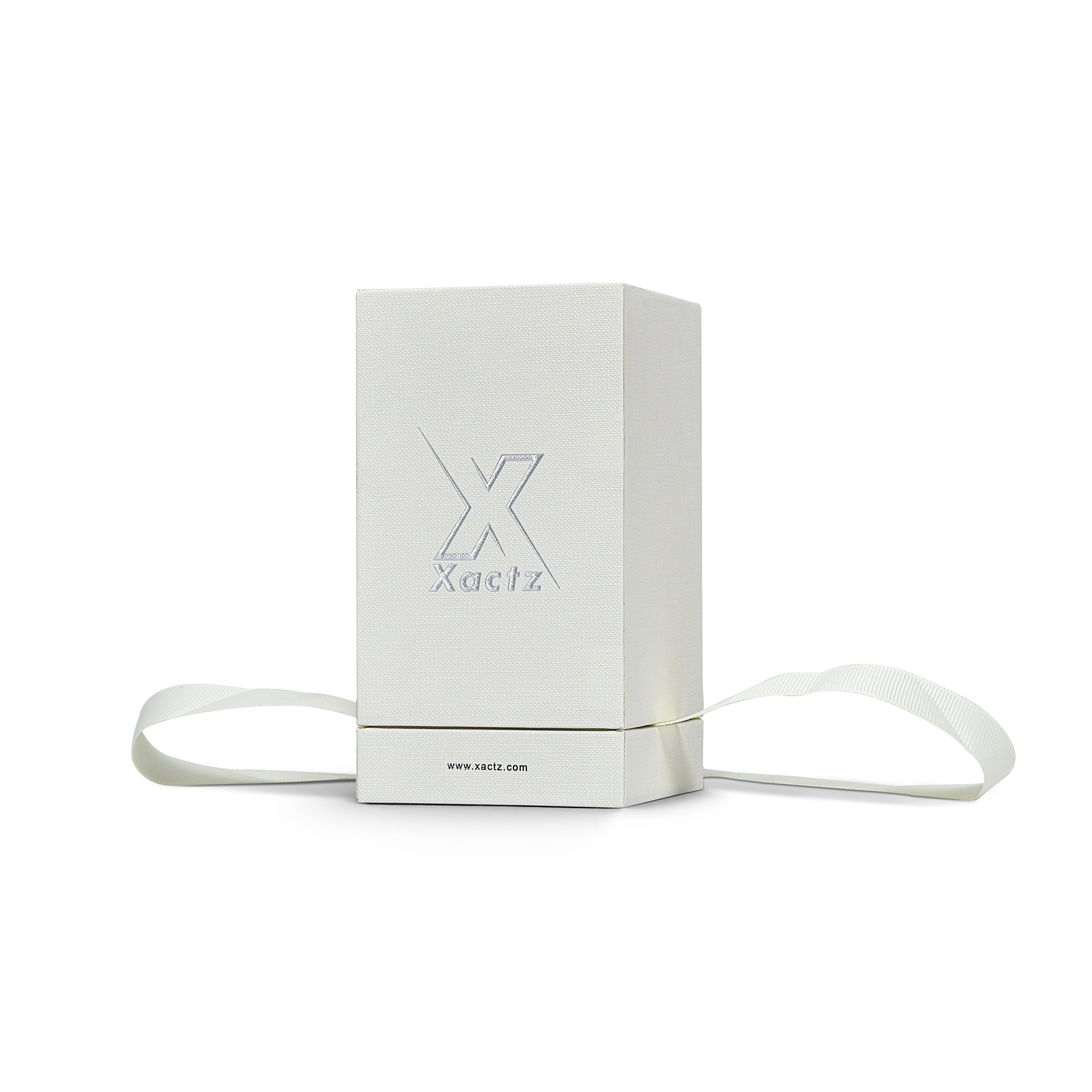 Premium Italian Import Cream White Bright Silver Embossed Hot Stamped Extra Tall Rigid Gift Box with Ribbon Closure