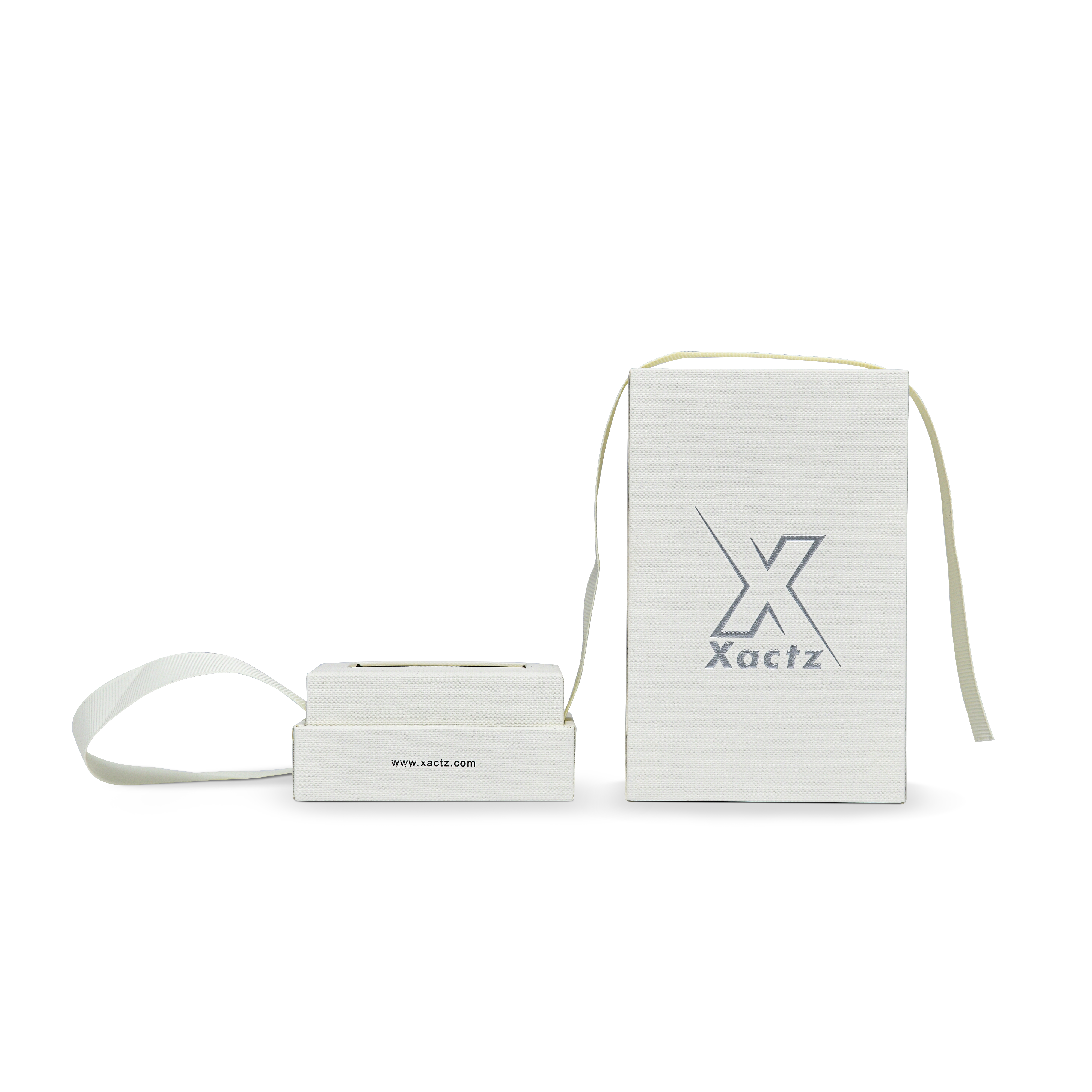 Premium Italian Import Cream White Bright Silver Embossed Hot Stamped Extra Tall Rigid Gift Box with Ribbon Closure