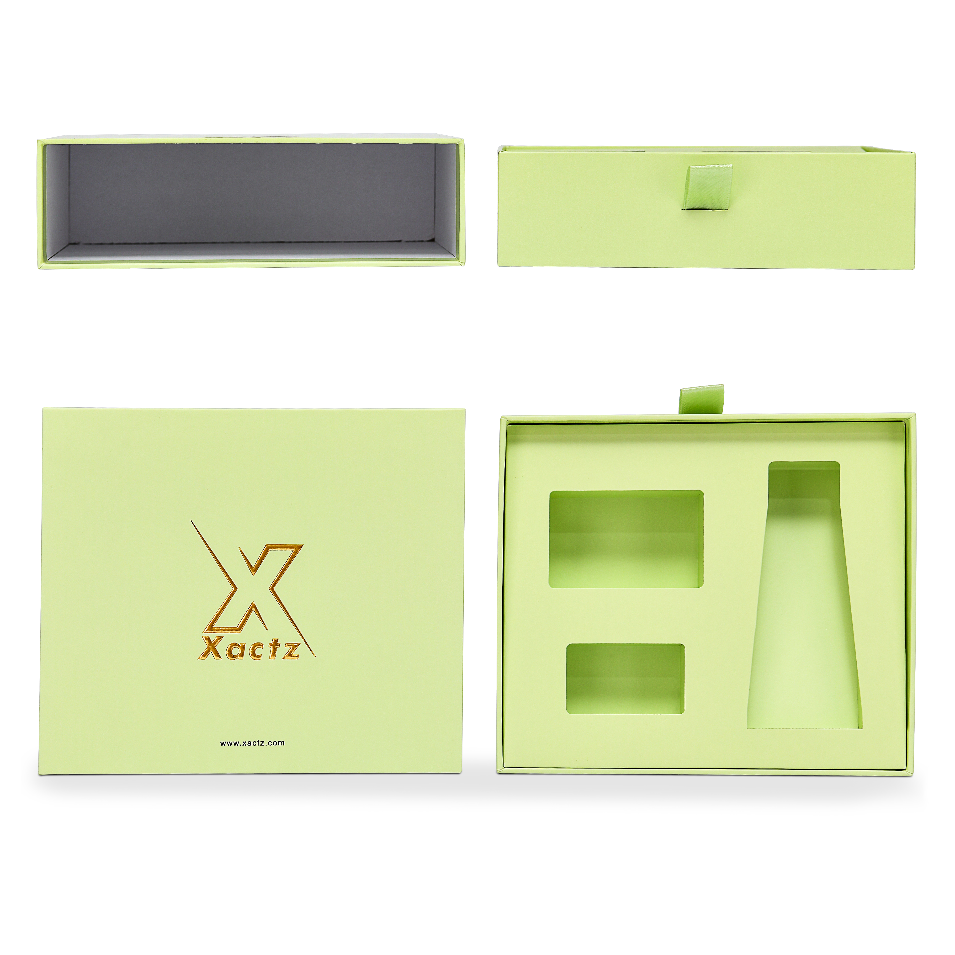Boîte à tiroir de luxe personnalisée verte avec ruban doré