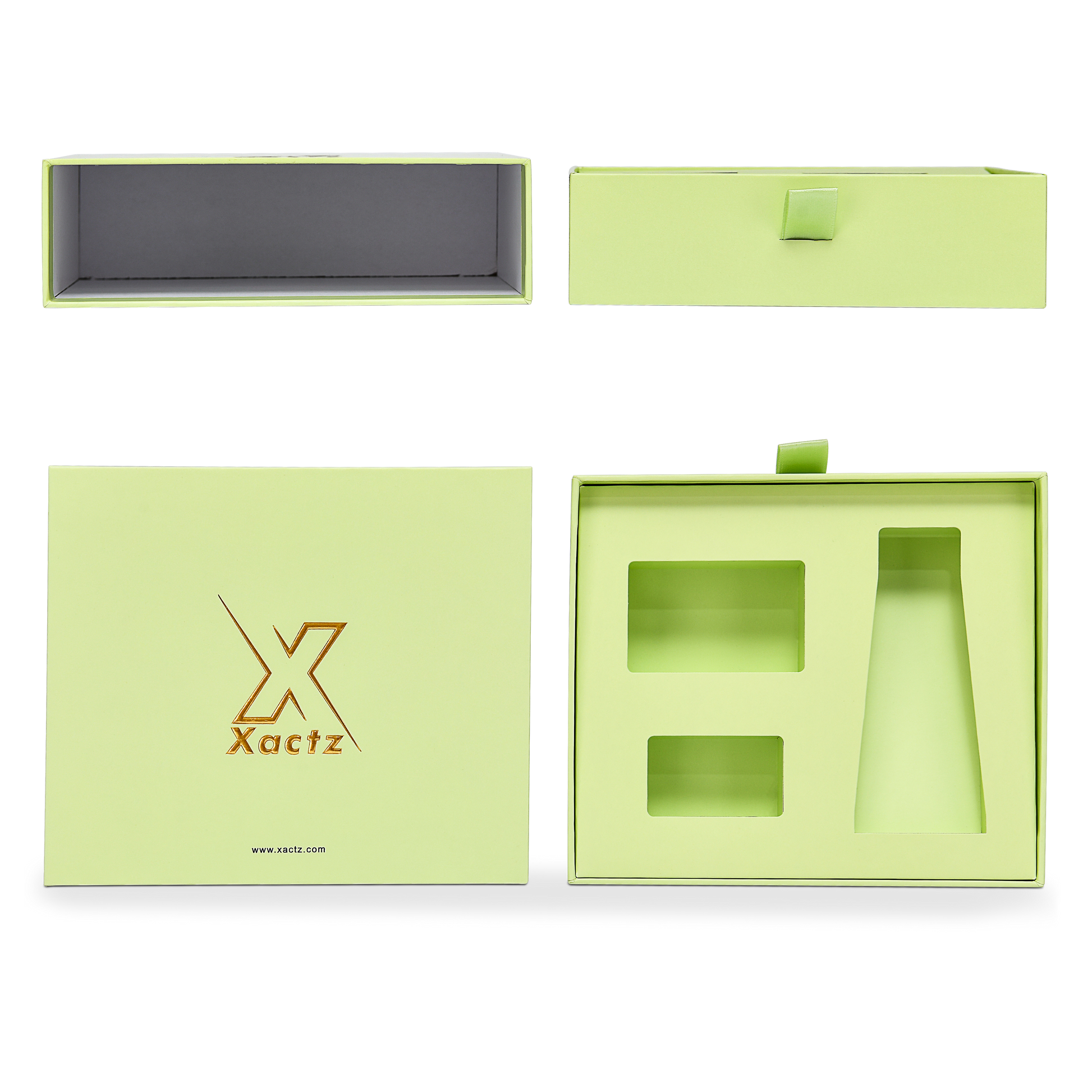 Boîte à tiroir de luxe personnalisée verte avec ruban doré