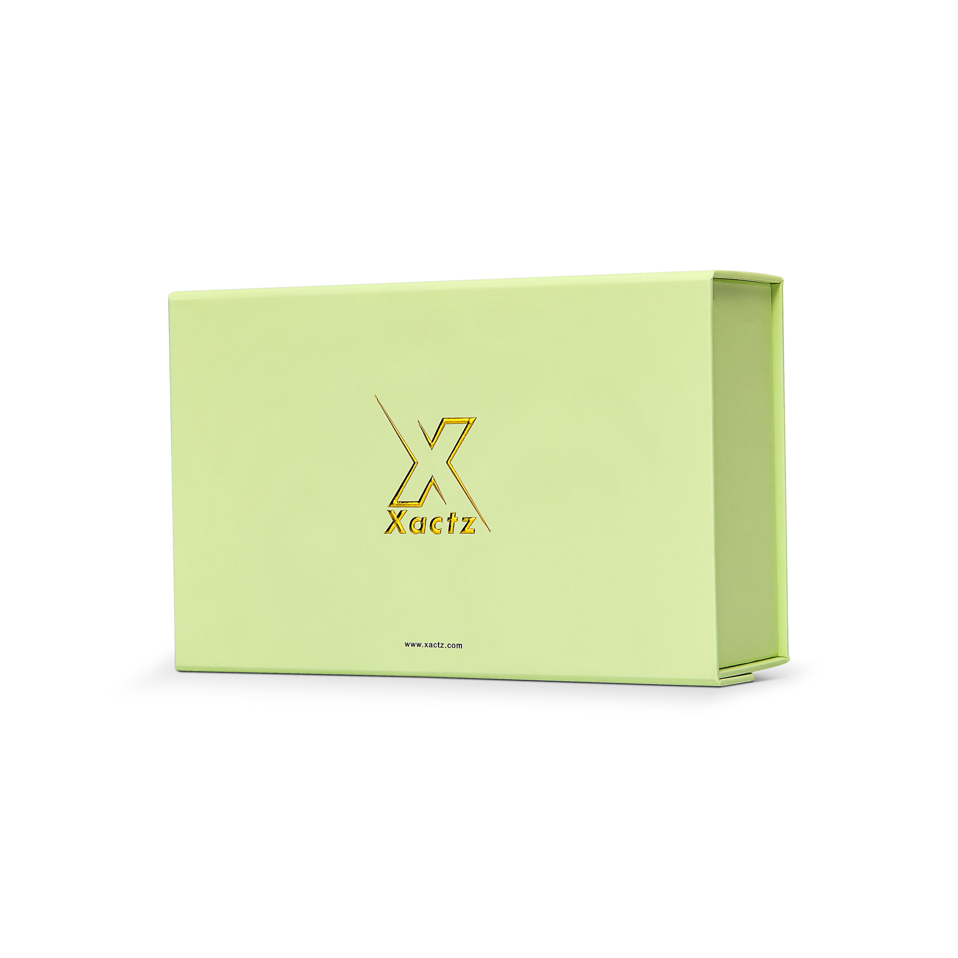 Premium Light Green Folding Book-Style Box with Embossed Bright Gold Foil, Touch Film, Magnetic Closure and Decorative Ribbon