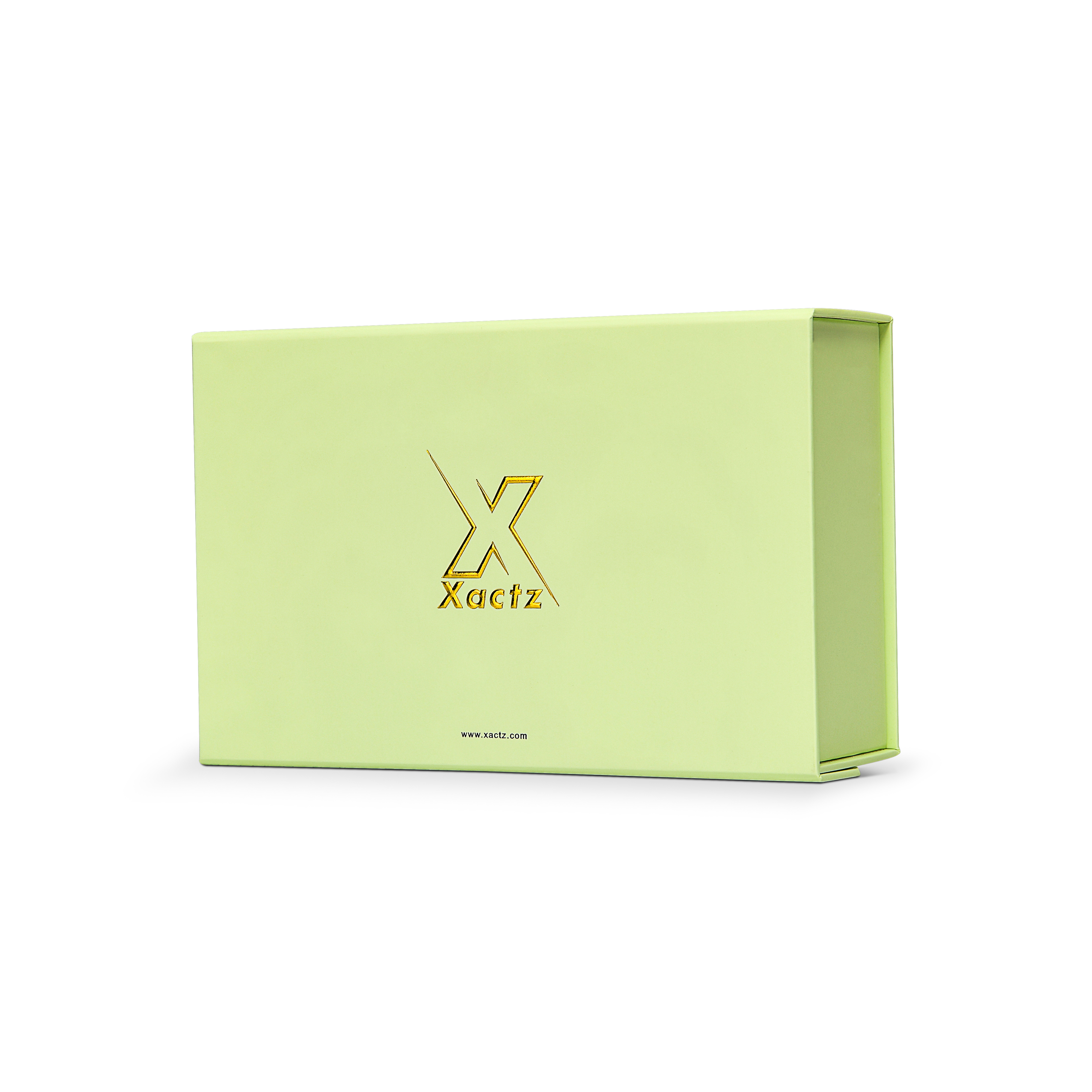 Premium Light Green Folding Book-Style Box with Embossed Bright Gold Foil, Touch Film, Magnetic Closure and Decorative Ribbon